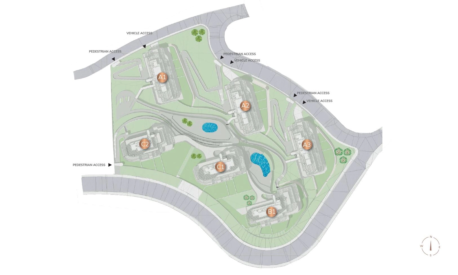 Oplev den mesterlige grundplan, der viser den harmoniske integration af seks eksklusive bygninger inden for anlagte haver, pools og rekreative områder.