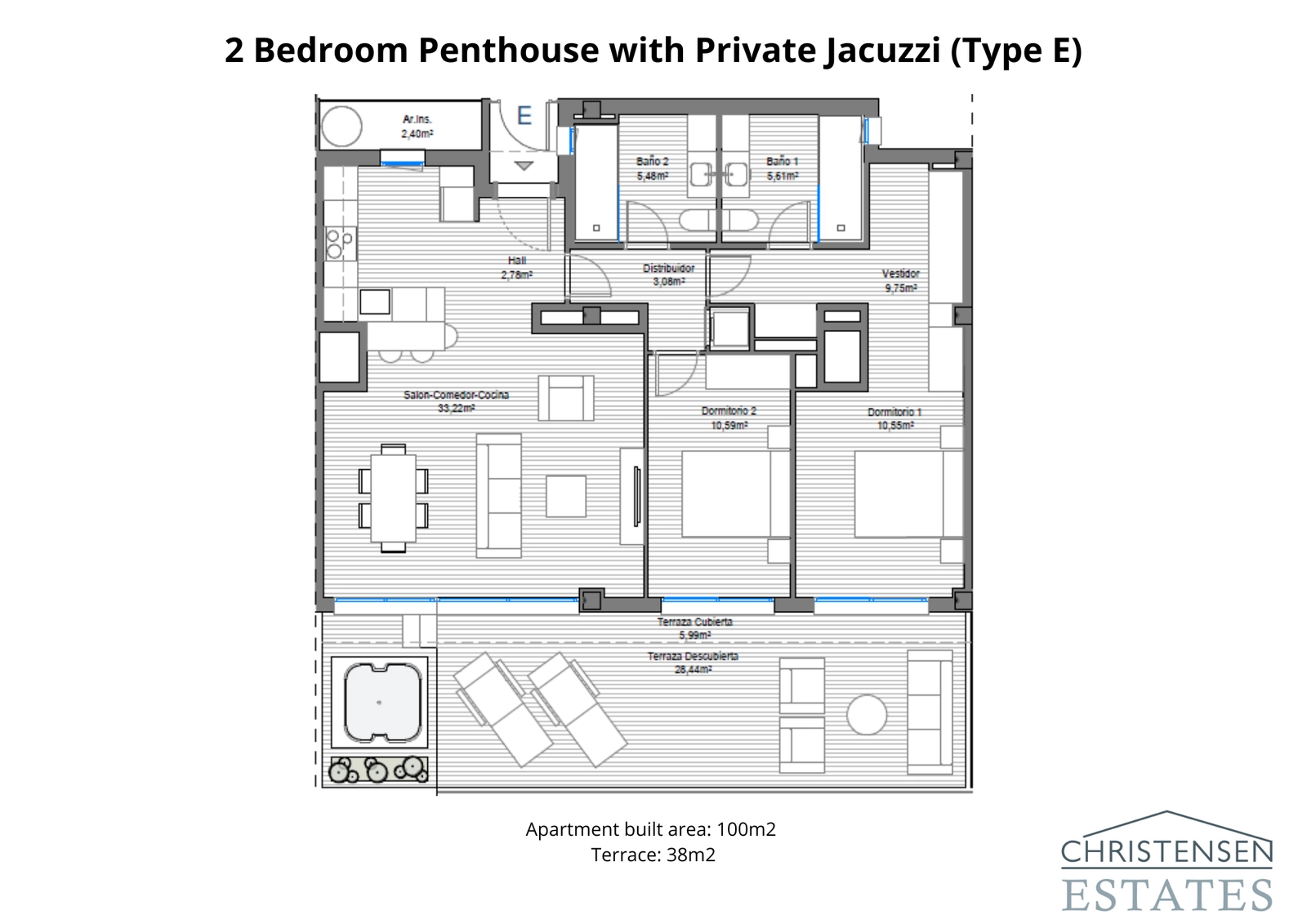 Layout for type E toværelses penthouselejlighed, med et effektivt åbent opholdsrum og en generøs terrasse.