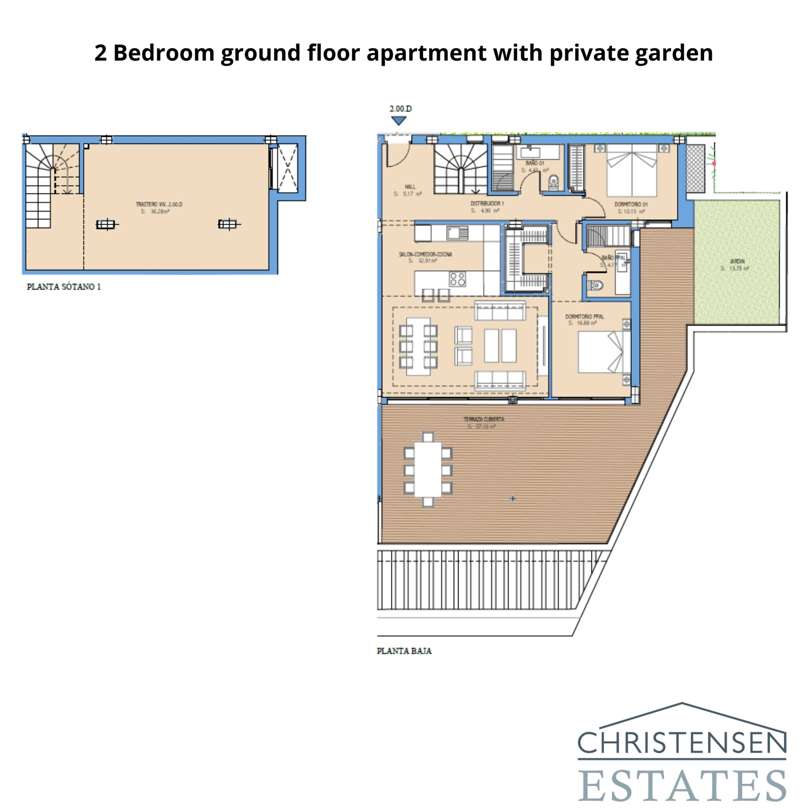 En gennemtænkt indretning i stueetagen med to soveværelser, der byder på en privat have for en problemfri indendørs-udendørs livsstil.