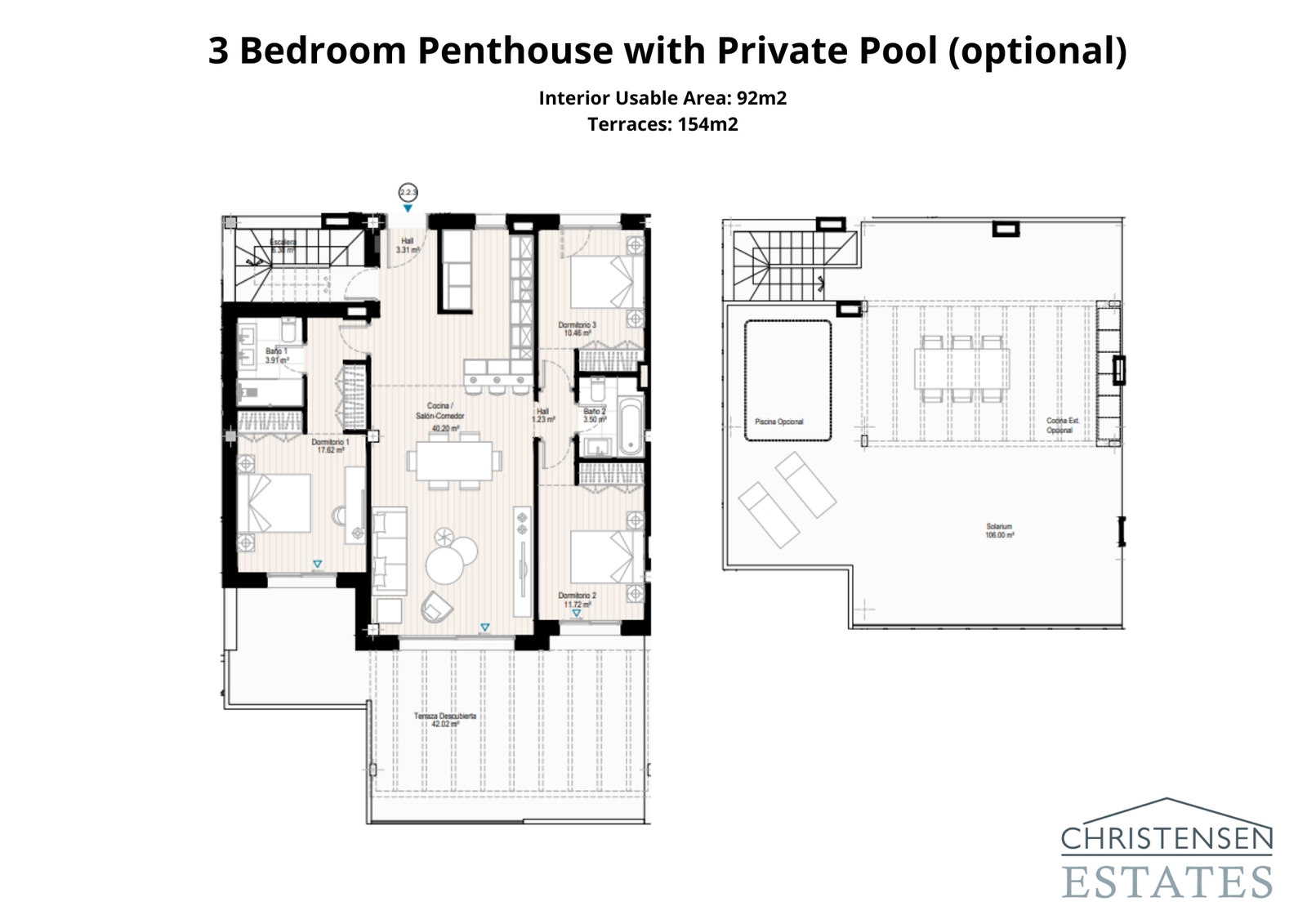 Penthouset med tre soveværelser tilbyder enestående bolig, med et stort tagterrasse-solarium og en valgfri privat pool for den ultimative luksuslivsstil.