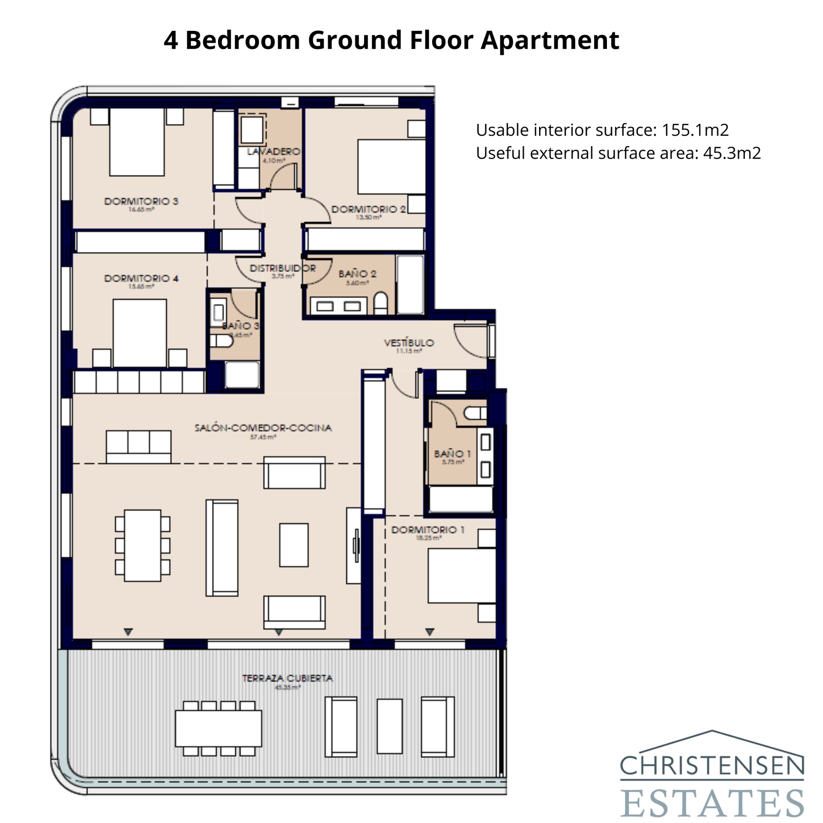 Et veldesignet hjem i stueetagen med fire soveværelser, der tilbyder store boligarealer og en rummelig terrasse, perfekt til komfortabelt liv og underholdning.