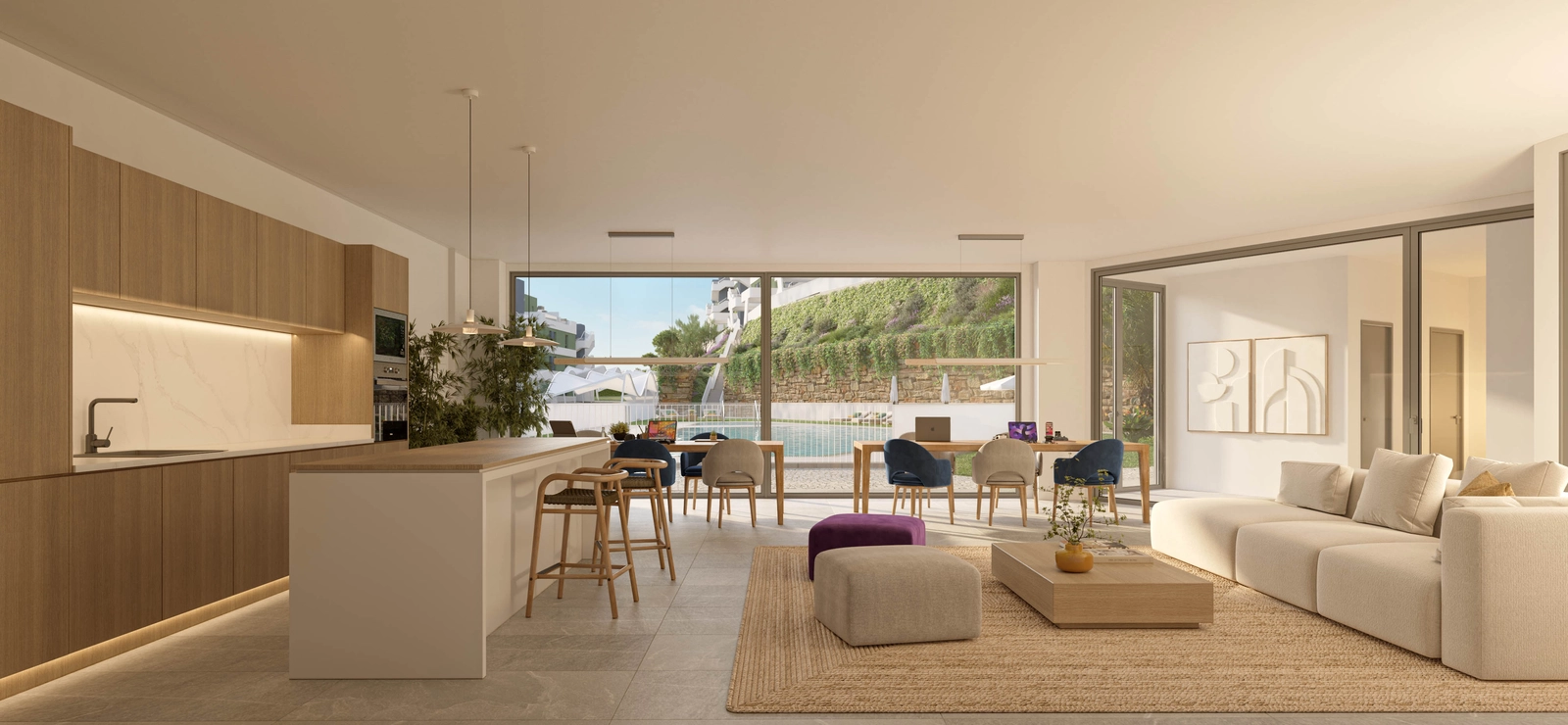 Co-working-loungen, hvor beboerne kan arbejde, mødes eller slappe af i komfort.