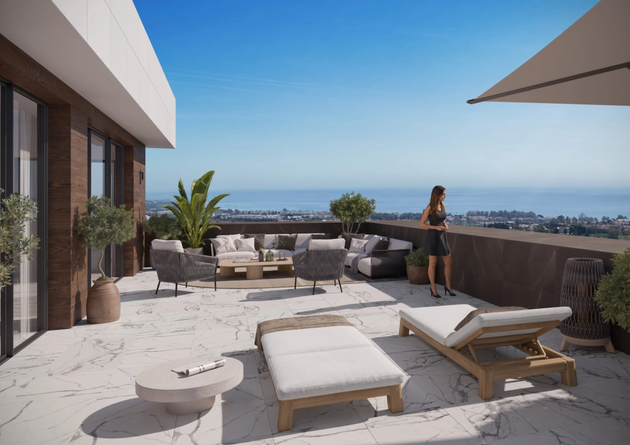 Rummelige terrasser tilbyder uforstyrret udsigt over Middelhavet.