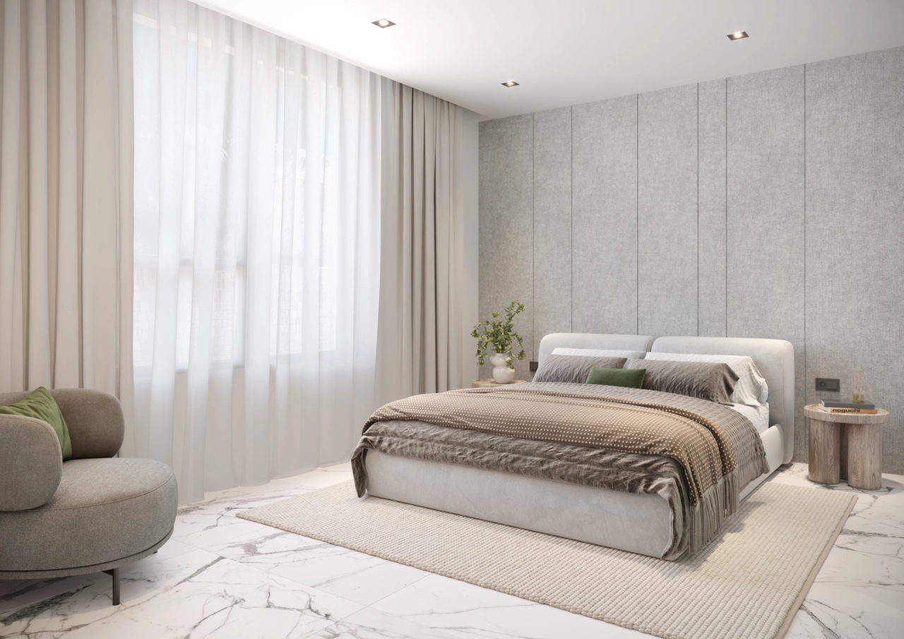 Et fredfyldt og rummeligt soveværelse designet til ultimativ komfort og afslapning.