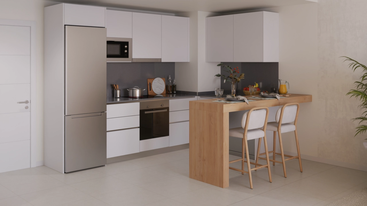 Moderne køkkener er fuldt udstyret med hårde hvidevarer af høj kvalitet og stilfulde finish.