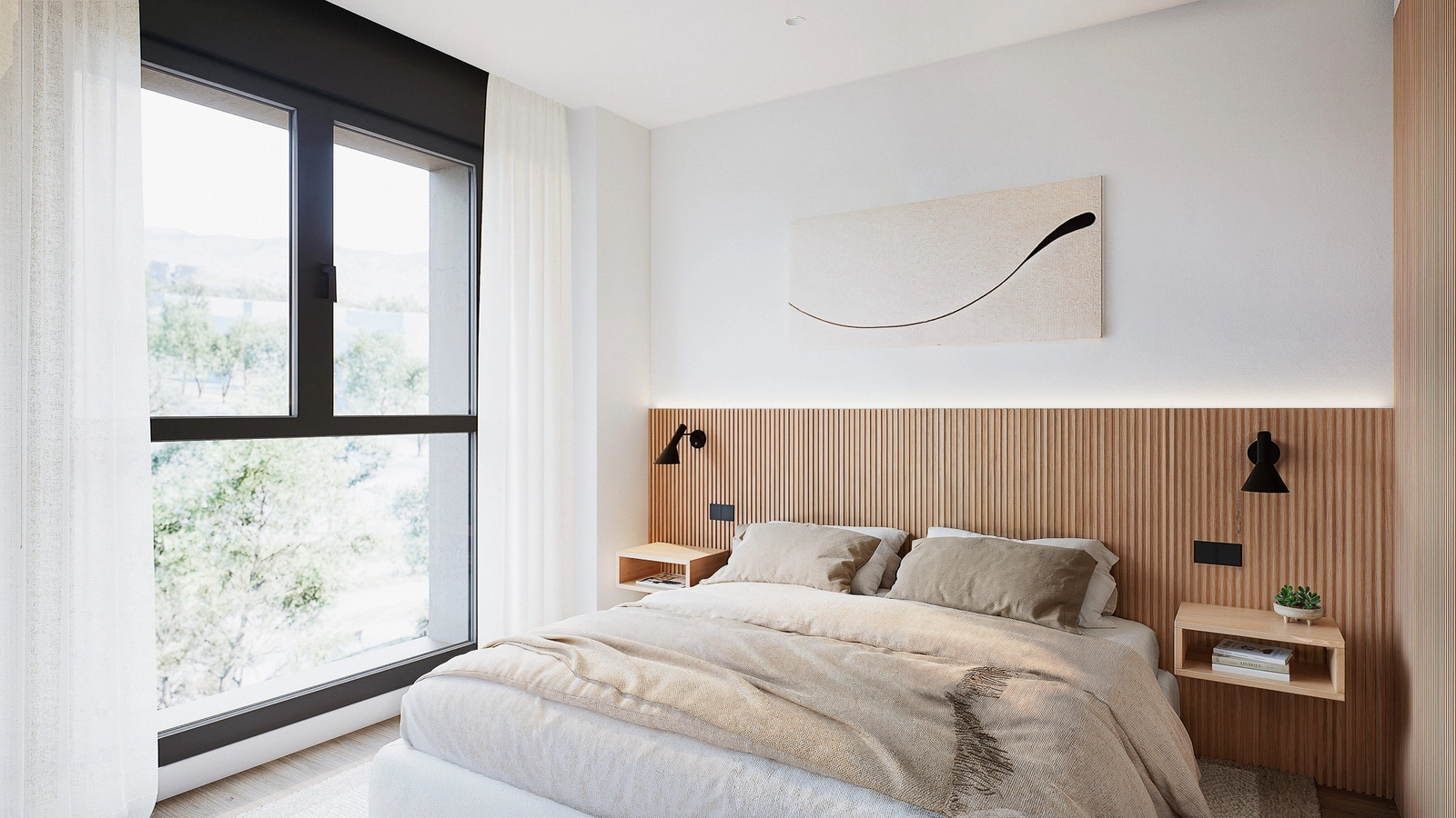 Master bedroom, et roligt tilflugtssted designet med naturlige materialer og direkte adgang til dagslys.