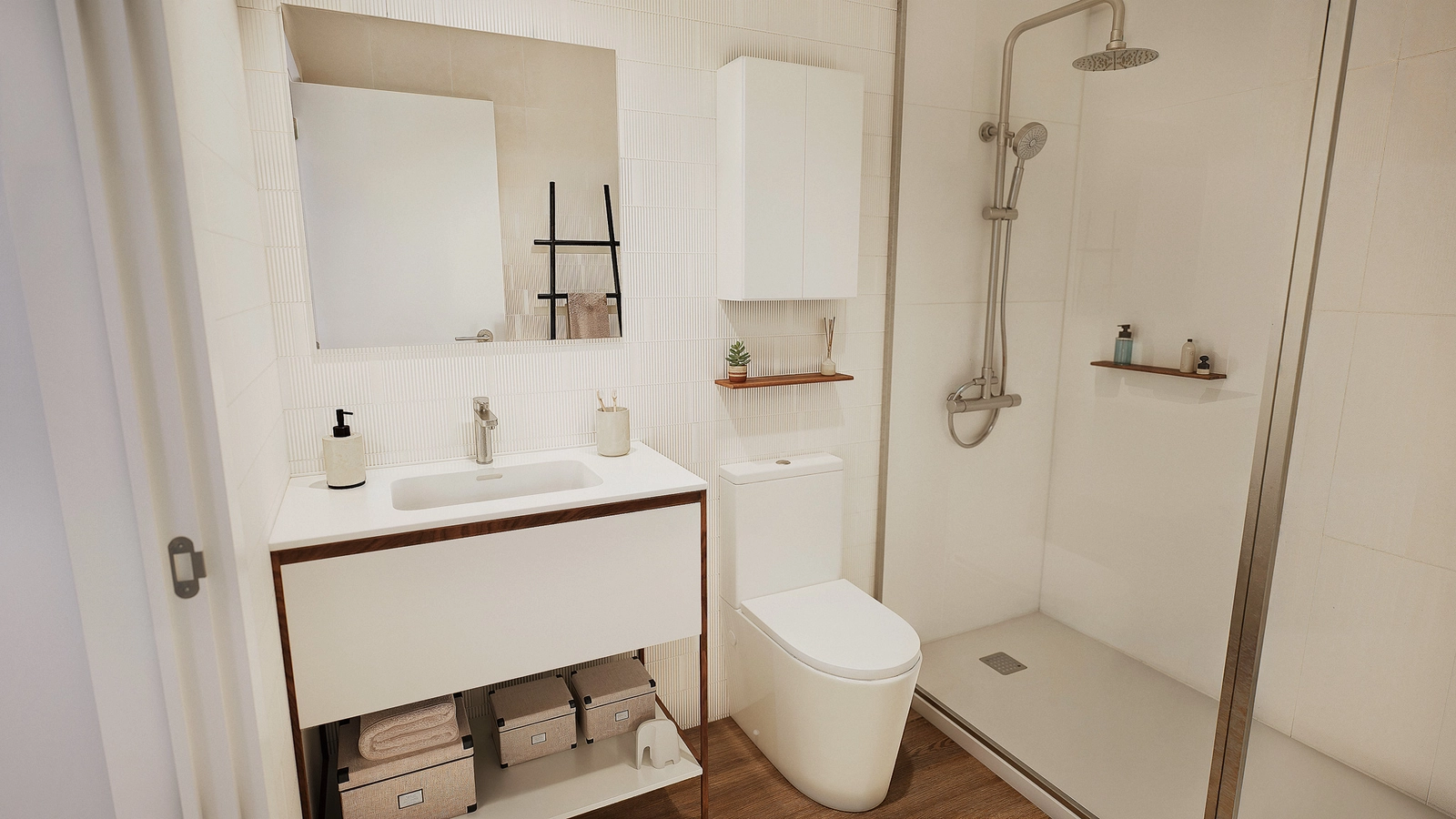 Et stilfuldt og funktionelt badeværelse med materialer af høj kvalitet og moderne design.