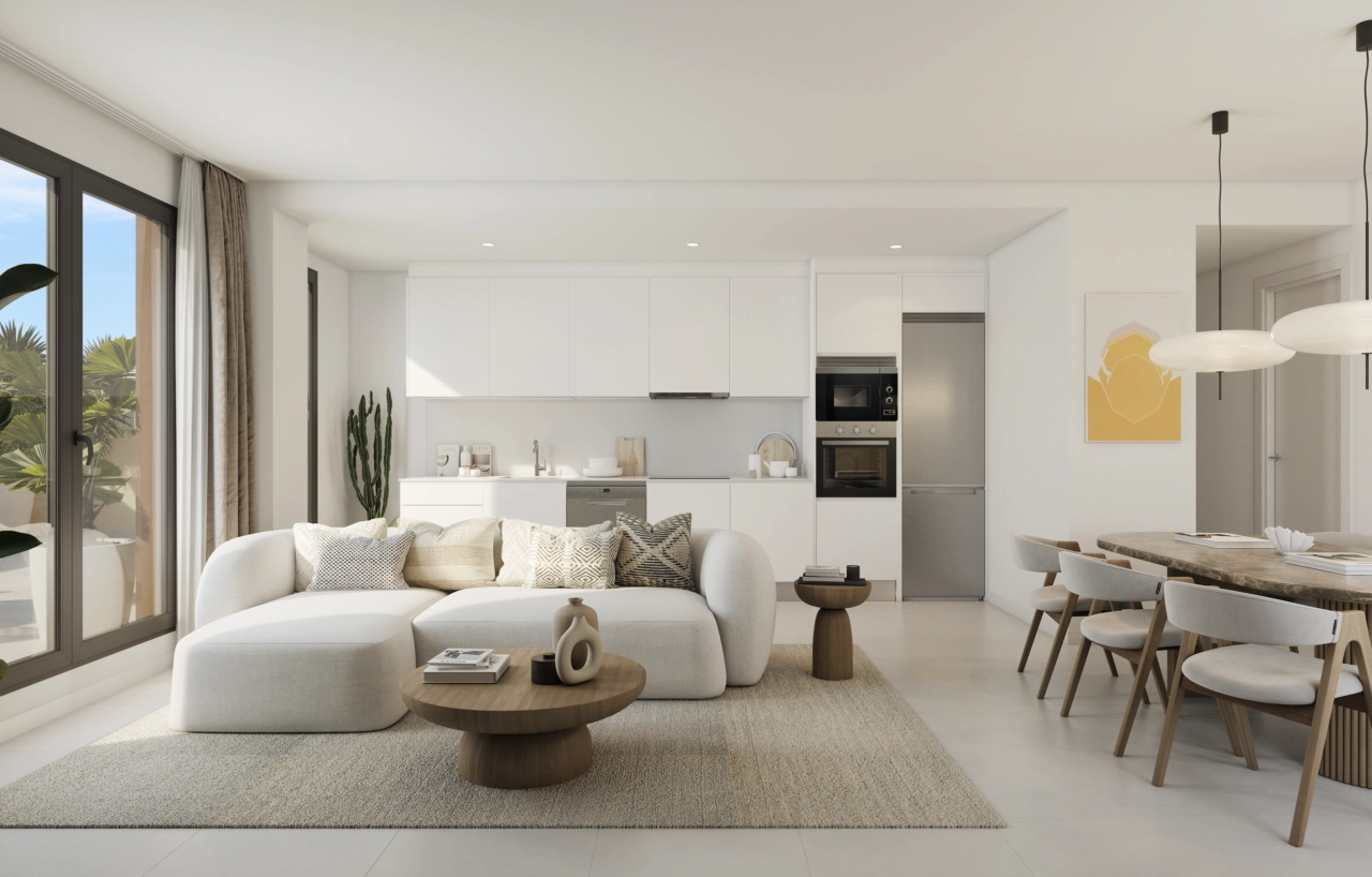 Moderne køkkener i åben planløsning er fuldt udstyrede og designet til at være hjertet i dit nye hjem i Malaga.