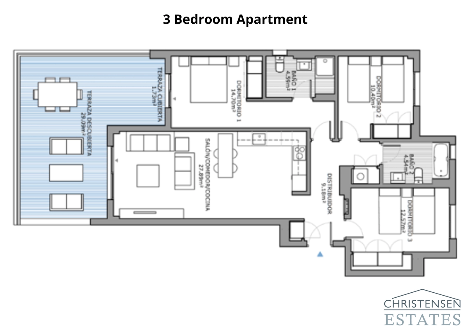 En rummelig tre-værelses bolig designet til komfort, med en stor terrasse, der tilbyder fantastisk udsigt og rigelig plads til afslapning.