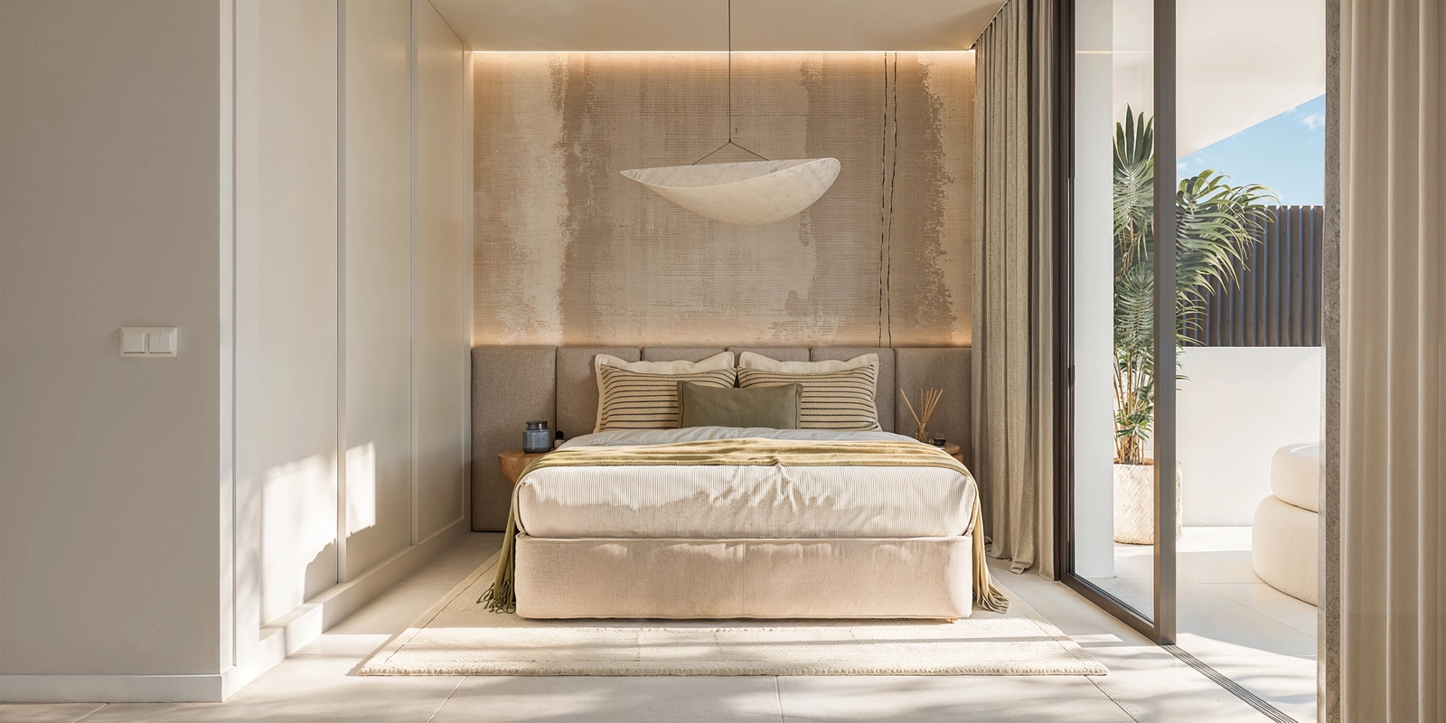 Et smukt designet sekundært soveværelse, der tilbyder komfort, stil og adgang til et privat terrasseområde.