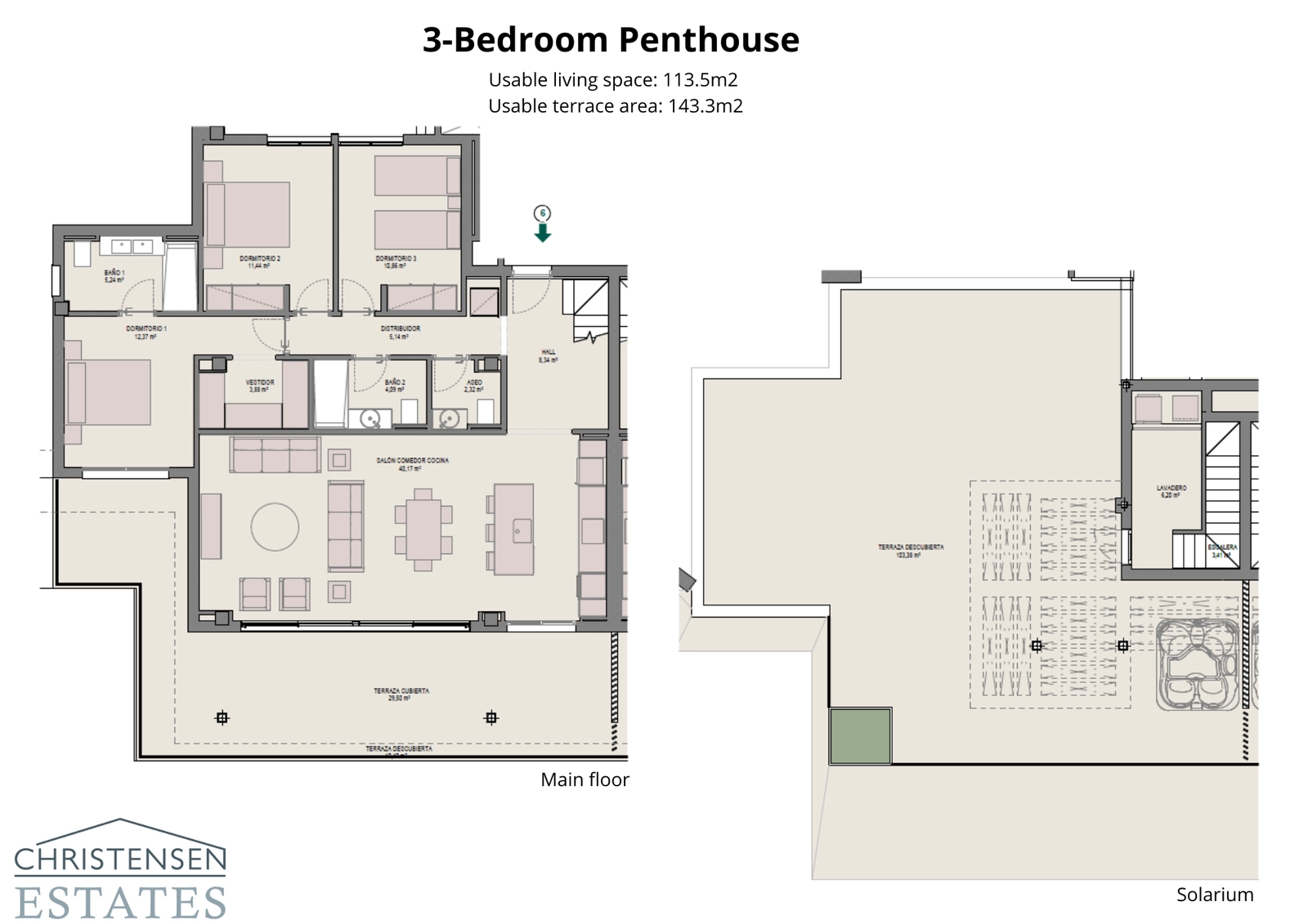 Plantegningen for penthouselejligheden med tre soveværelser tilbyder generøse opholdsrum og et storslået solarium for den ultimative luksuriøse livsstil.