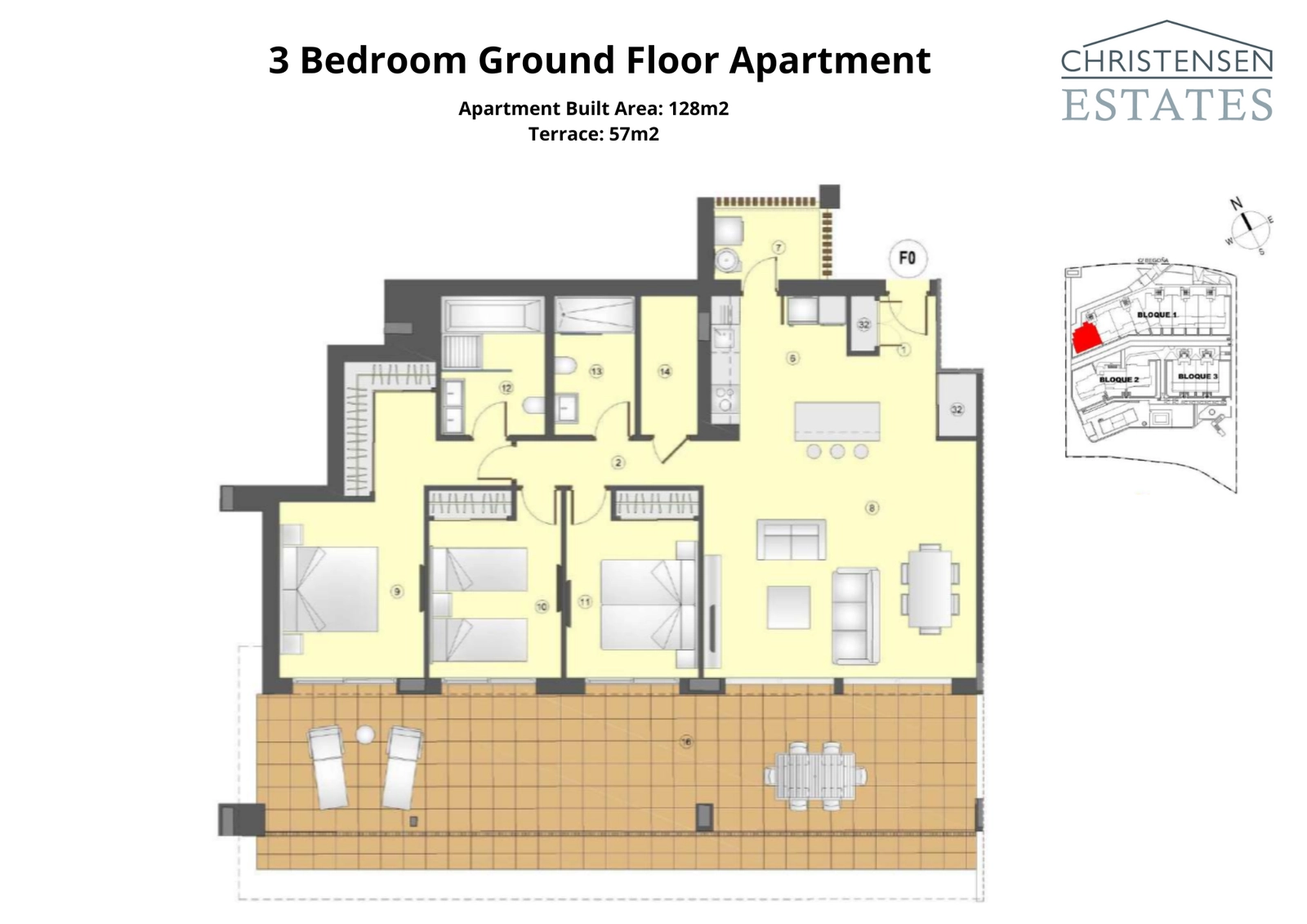 Indretningen for en tre-værelses bolig i stueetagen, der viser rummelige interiører, der forbinder til en stor terrasse og privat have, perfekt til udendørsliv.