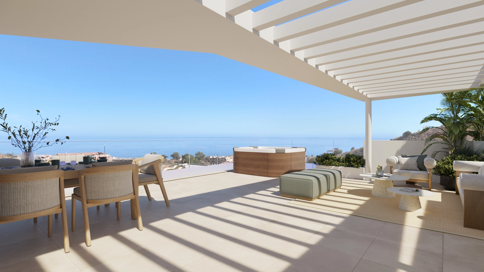 Penthouse-tagterrassen tilbyder et perfekt sted til solbadning eller til at nyde solnedgangen over Costa del Sol.
