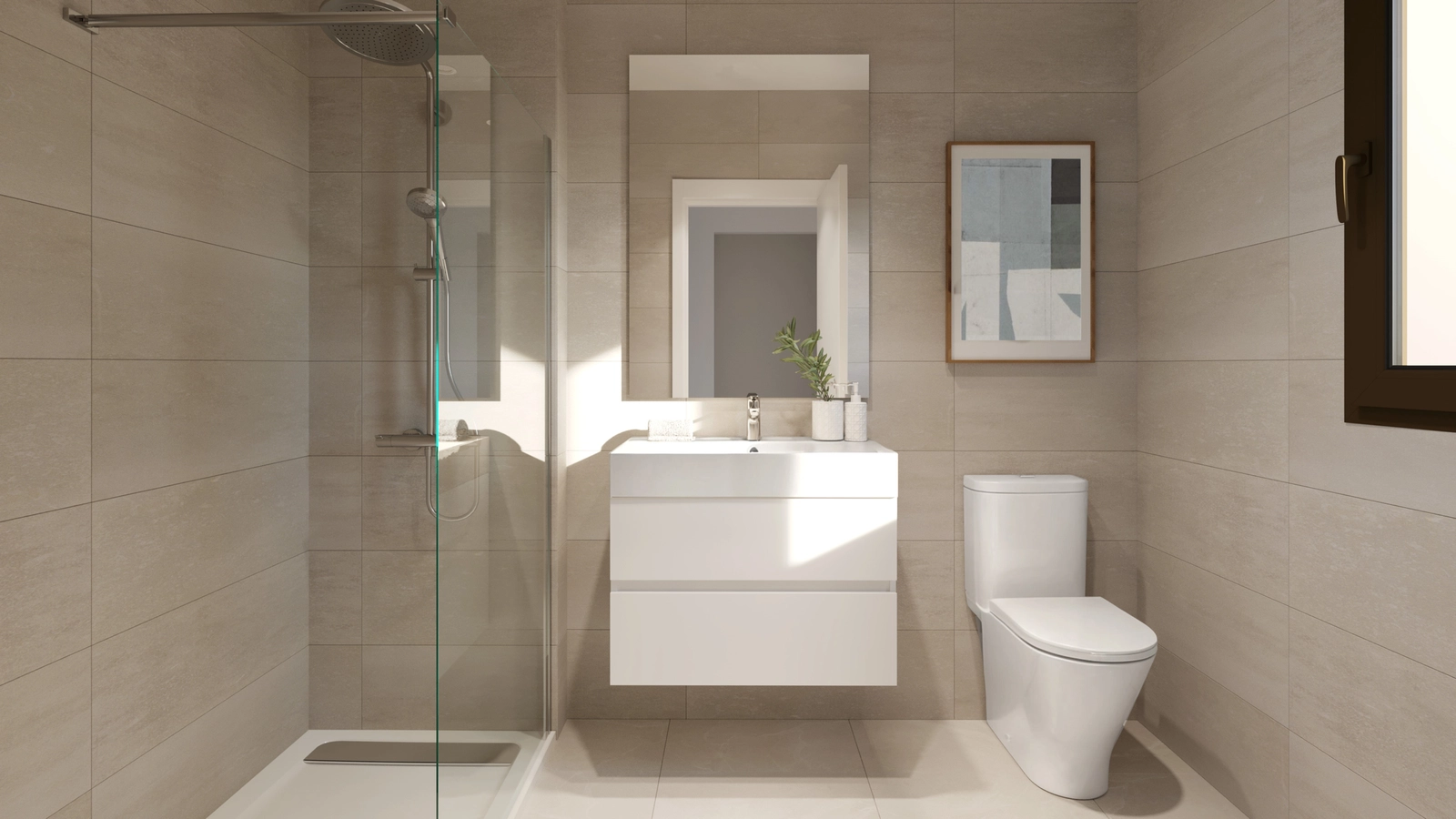 Et moderne badeværelse med finish af høj kvalitet, en brusekabine og et rent, minimalistisk design.