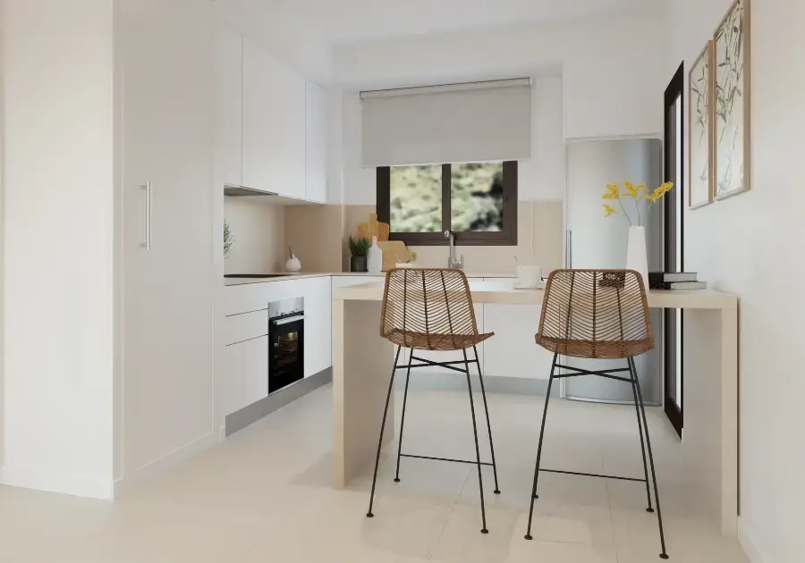 Et moderne køkken i åbent plan med finish af høj kvalitet, perfekt til hverdagsbrug og underholdning.