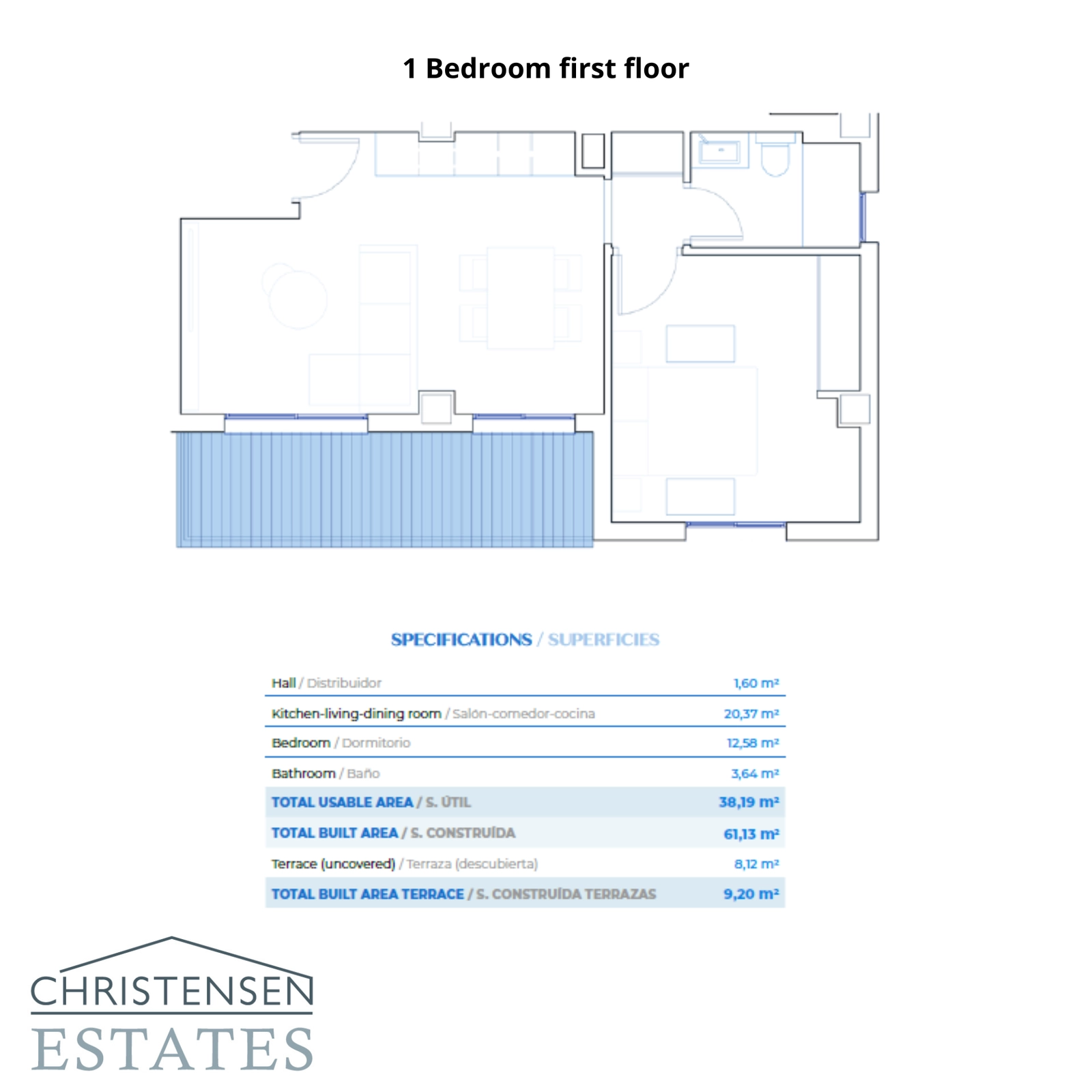 En gennemtænkt et-værelses planløsning for lejlighederne på første sal, der balancerer komfortabel indendørsplads med en behagelig privat terrasse.
