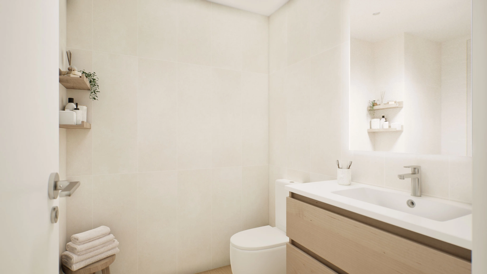 Et moderne badeværelse med materialer af høj kvalitet og elegant design.