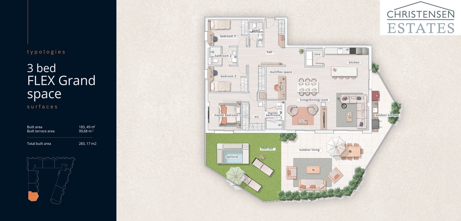 3-værelses plus fleksibelt rum 'Grand Space' design. Denne alsidige planløsning inkluderer et ekstra rum, perfekt til et hjemmekontor eller gæsteområde, og generøse udendørsarealer.