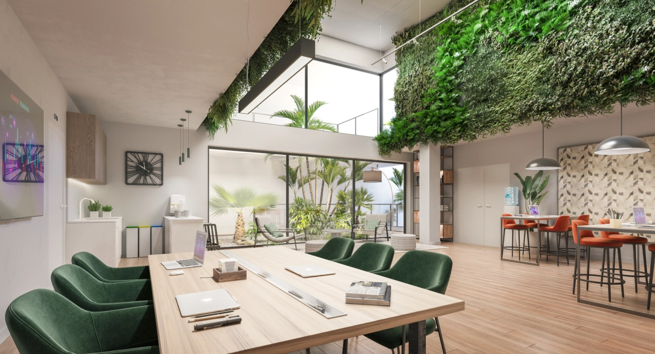 En stilfuld og komfortabel co-working lounge, hvor beboere kan arbejde, mødes eller slappe af.