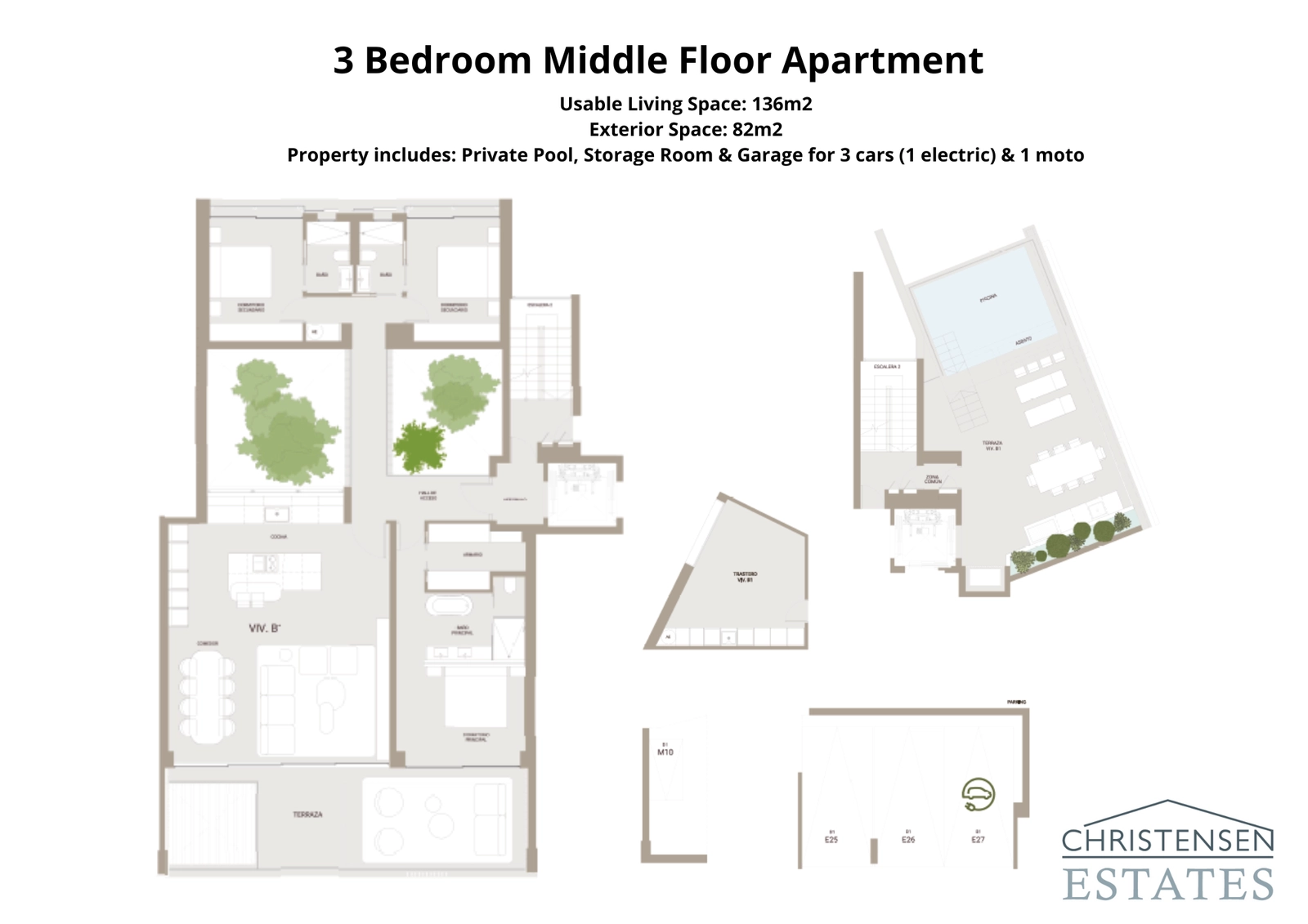 Denne grundplan med tre soveværelser byder på 136 m² boligareal og en 82 m² terrasse. Indretningen fremhæver flow og privatliv, herunder en privat swimmingpool og en sikker garage til tre biler.