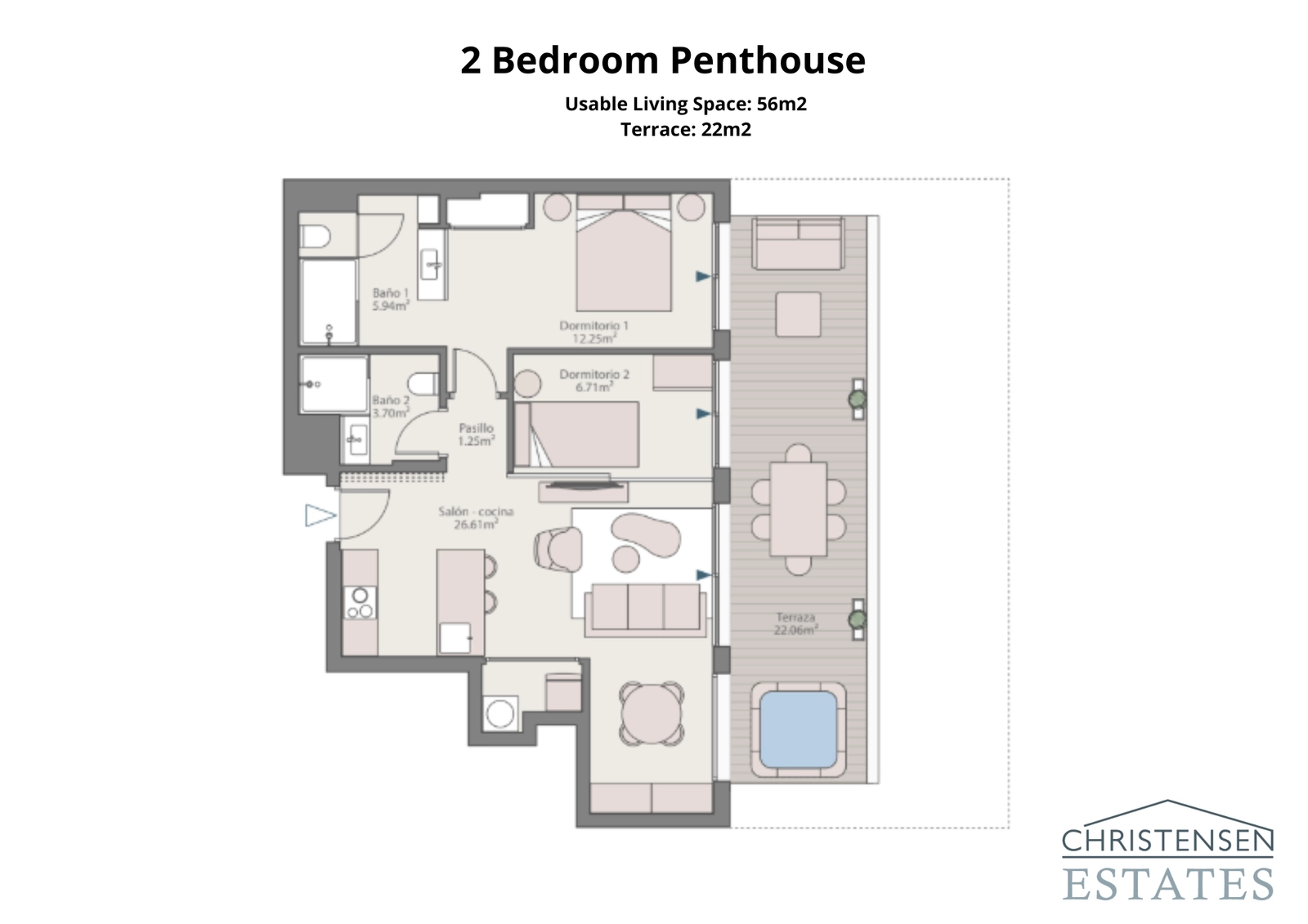 Den toværelses penthouse-planløsning giver en effektiv udnyttelse af pladsen og fører ud til en privat terrasse med fremragende udsigt.
