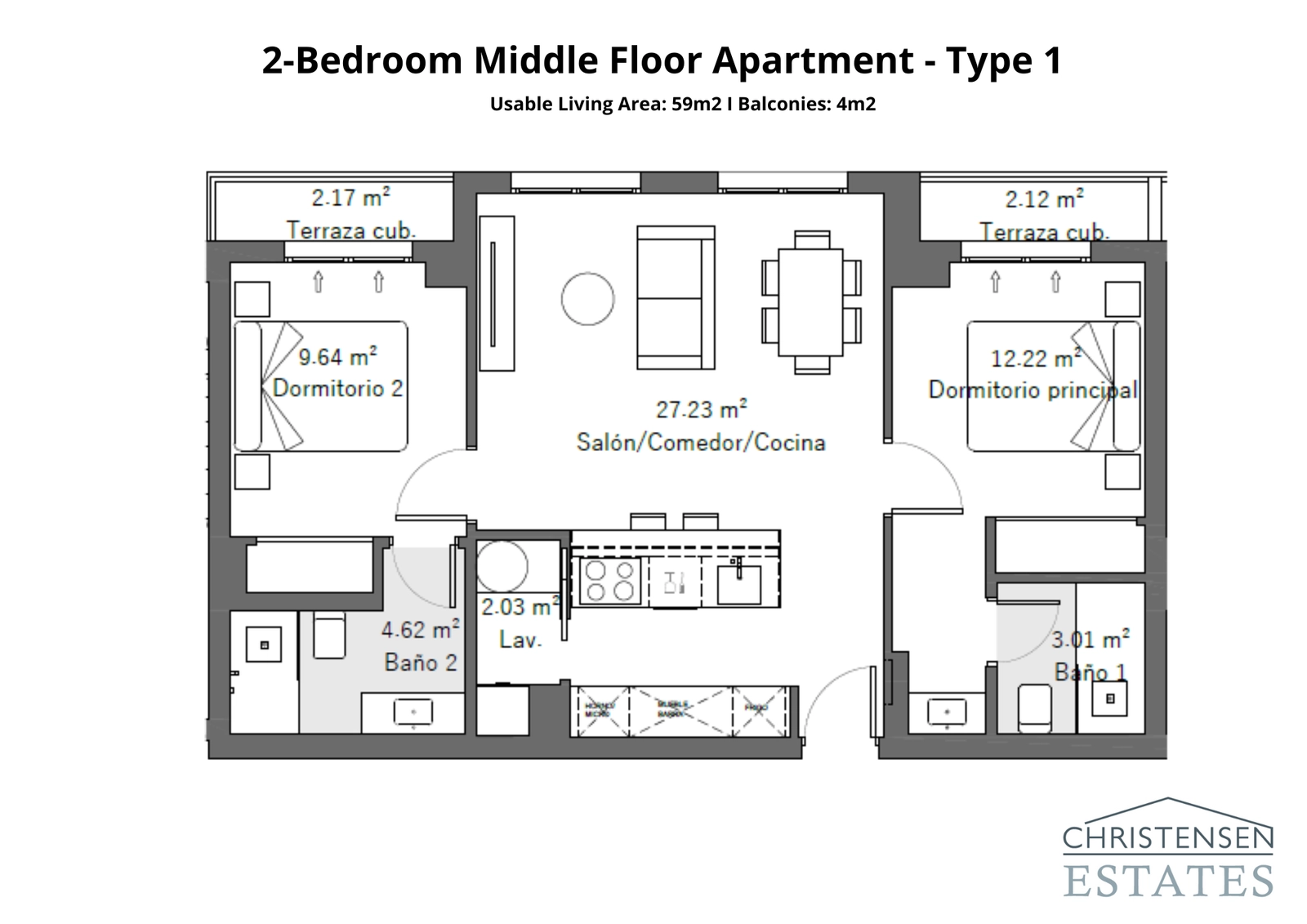 Denne toværelses indretning har altaner fra hvert soveværelse, hvilket skaber private udendørs rum til afslapning.