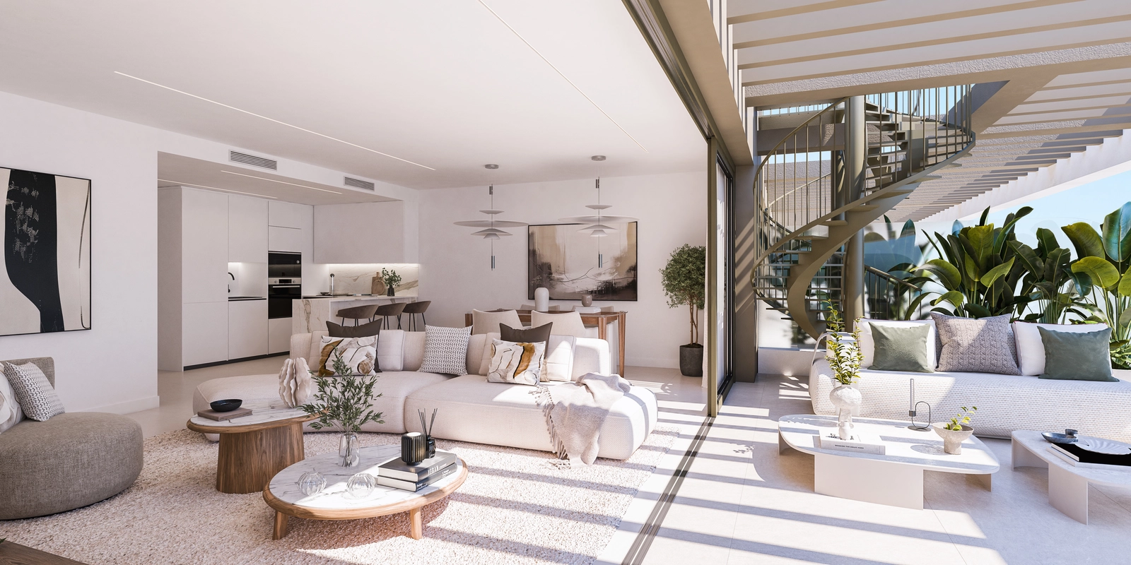 Solskin fylder det elegante opholdsrum, som problemfrit forbinder til den udendørs terrasse, hvilket skaber en perfekt indendørs-udendørs livsstil.