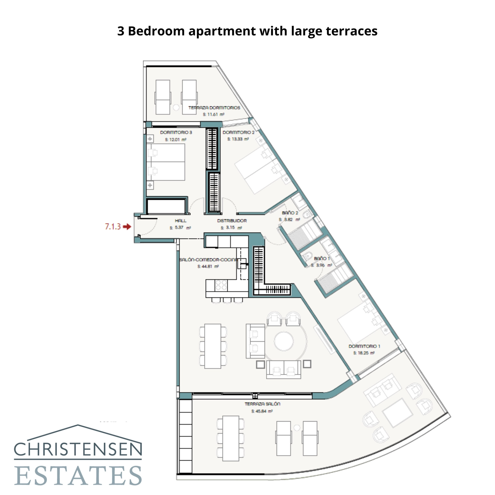 En veldesignet plantegning for en lejlighed med tre soveværelser, med to store terrasser for at maksimere lys, plads og adgang til den smukke hav- og bjergudsigt.