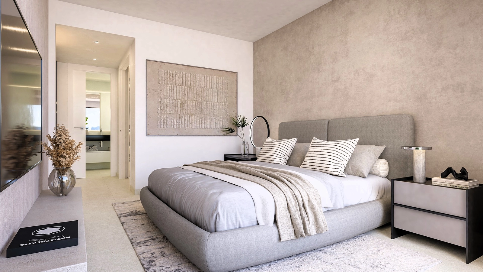 Et stilfuldt og roligt soveværelse i en af villaerne, der tilbyder et fredfyldt tilflugtssted efter en dag i solen.