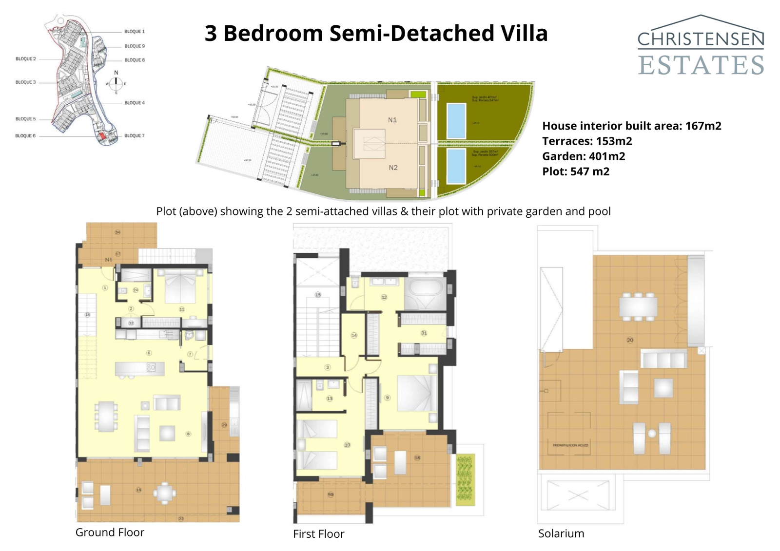 Denne plan viser de to etager og solariet i en dobbelthusvilla med tre soveværelser, der fremviser dens generøse grund med privat have og pool.