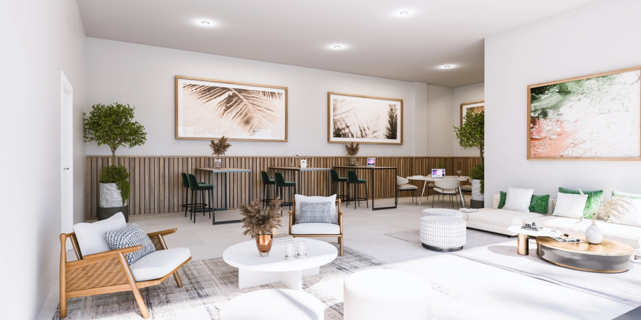 Et komfortabelt og stilfuldt coworking-rum giver beboerne mulighed for at arbejde eller mødes uden at forlade hjemmet.