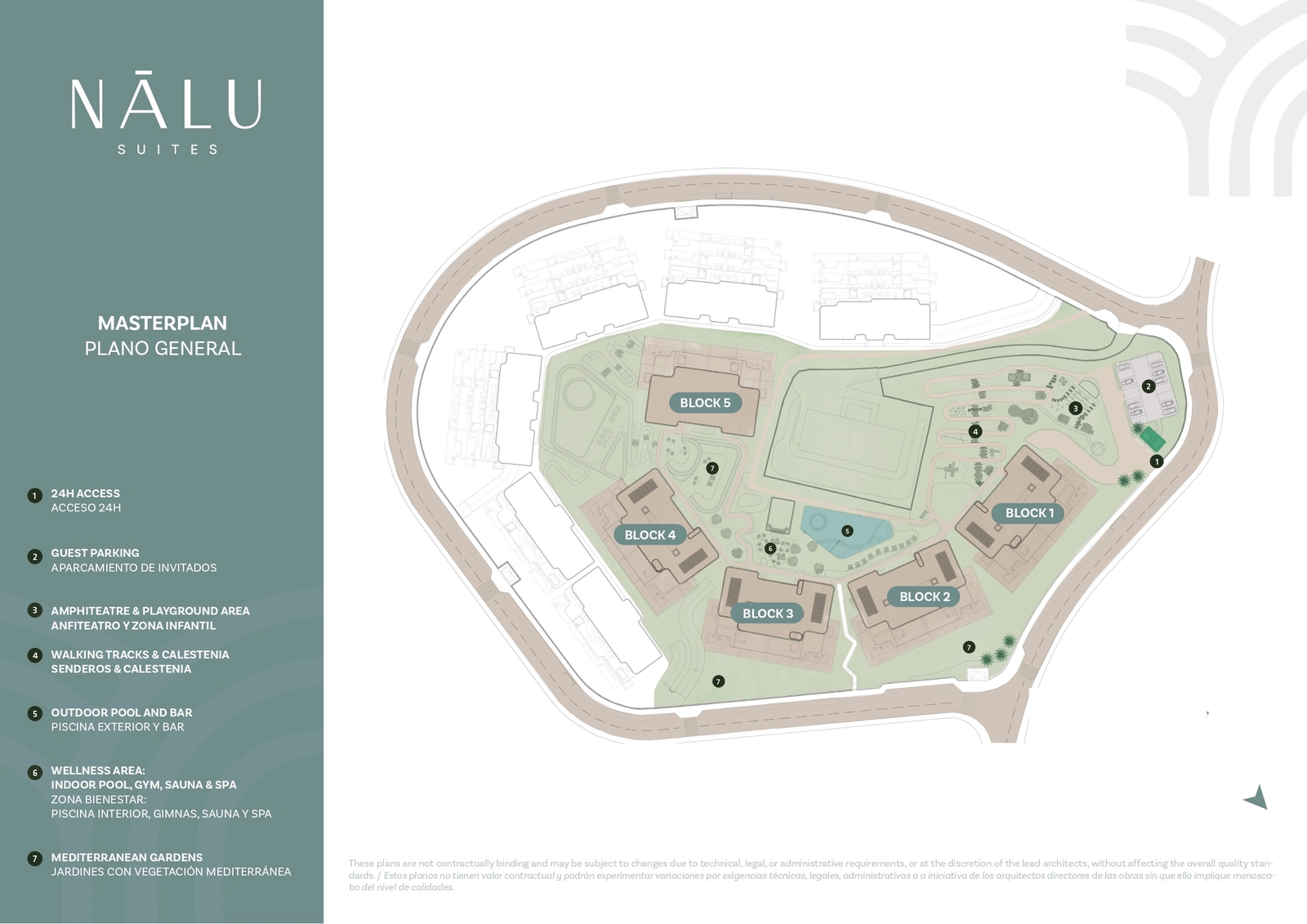 Fællesskabets masterplan, der viser layoutet af bygninger, haver, pools og wellnessområder.