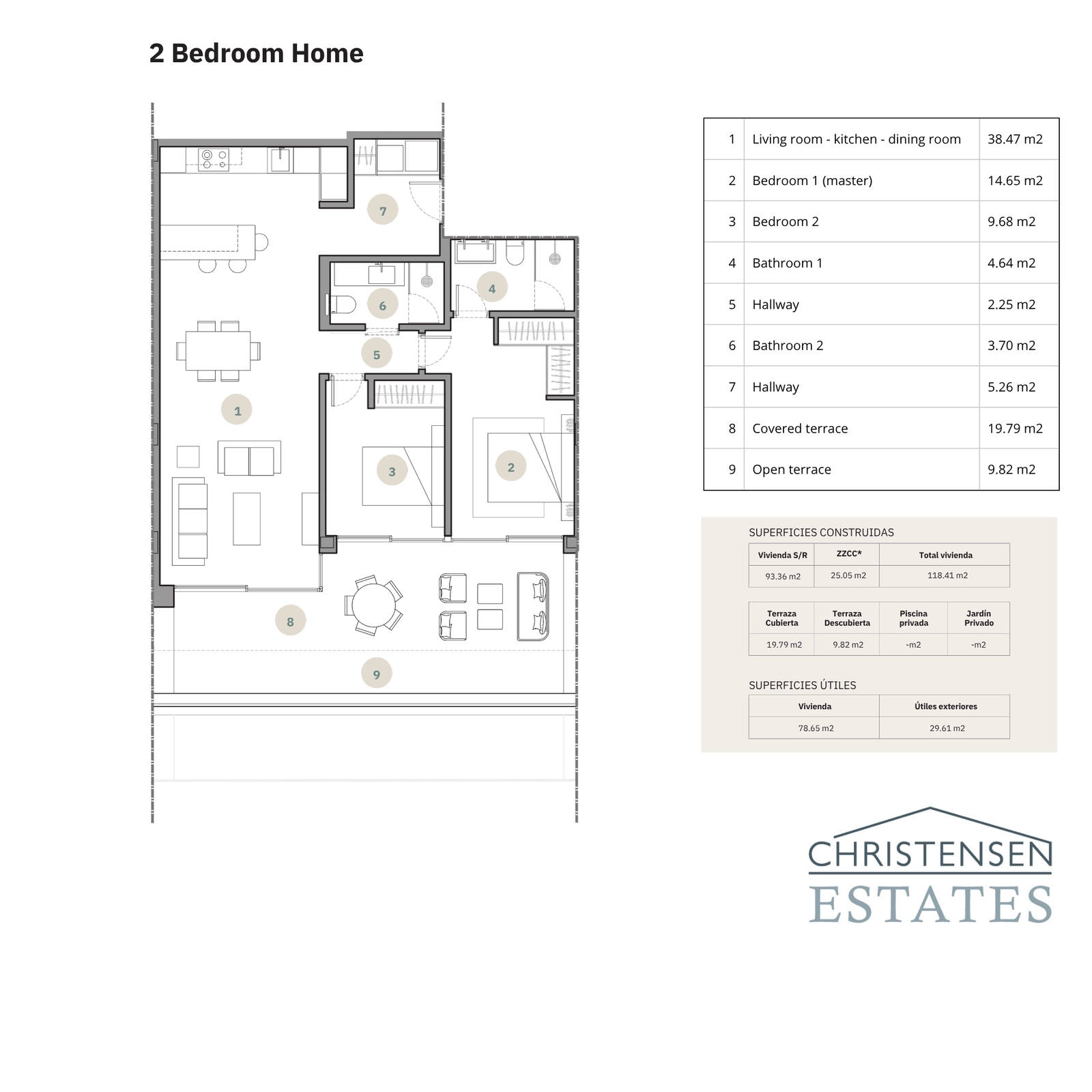 Et effektivt og elegant layout med to soveværelser, designet for komfort og moderne livsstil.