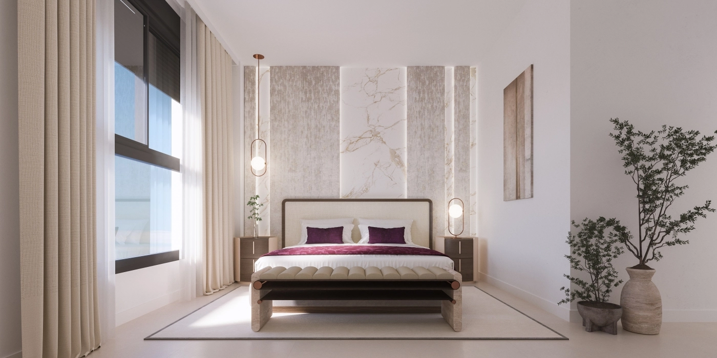 Master soveværelset tilbyder et fredfyldt tilbagetog med elegant design og store vinduer.