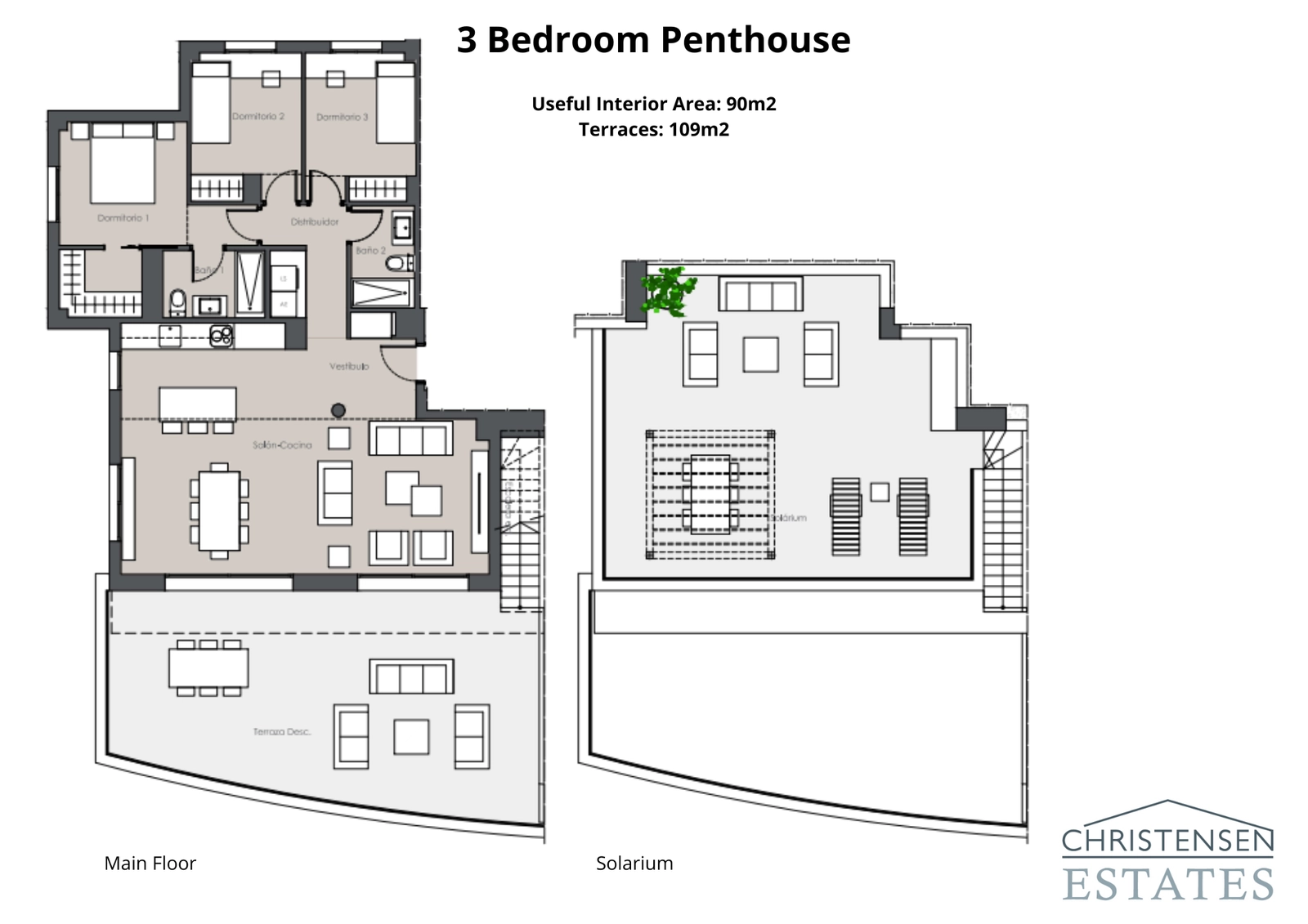 Penthouselejligheden med tre soveværelser tilbyder generøse boligarealer, en stor terrasse og et imponerende tag-solarium med utrolig udsigt.