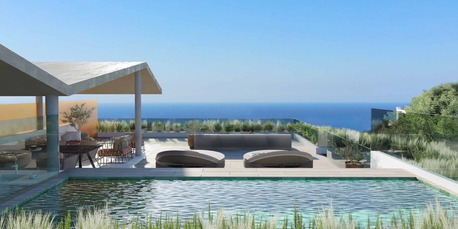 Penthouse-solariet tilbyder en perfekt ramme for underholdning med panoramaudsigt over havet.