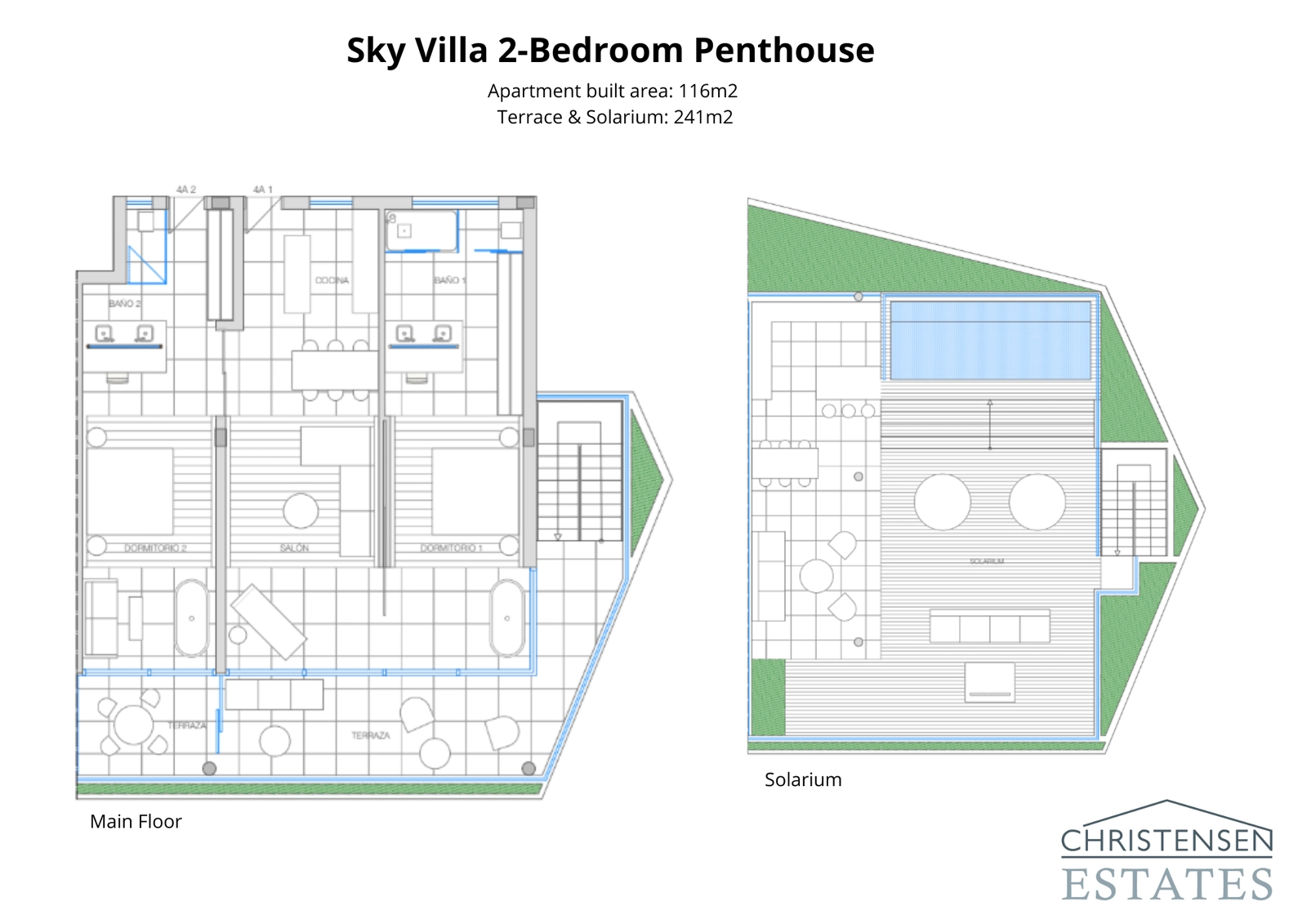 Oplev plantegningen af Sky Villa, en to-værelses penthouse med en generøs hovedetage og et spektakulært privat solarium med swimmingpool.