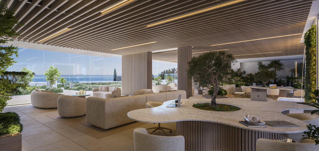 Et sofistikeret beboerlounge og co-working-område, elegant designet til arbejde eller afslapning.
