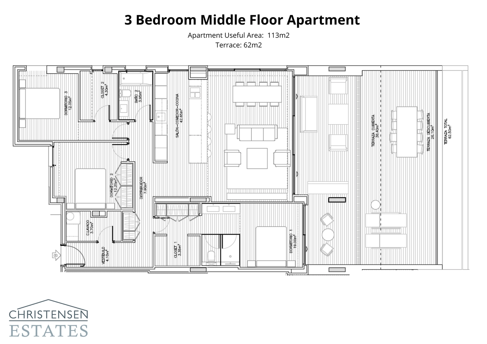 Denne treværelses lejlighedsplan fremhæver et intelligent layout, der maksimerer plads, lys og den fantastiske havudsigt fra terrassen.