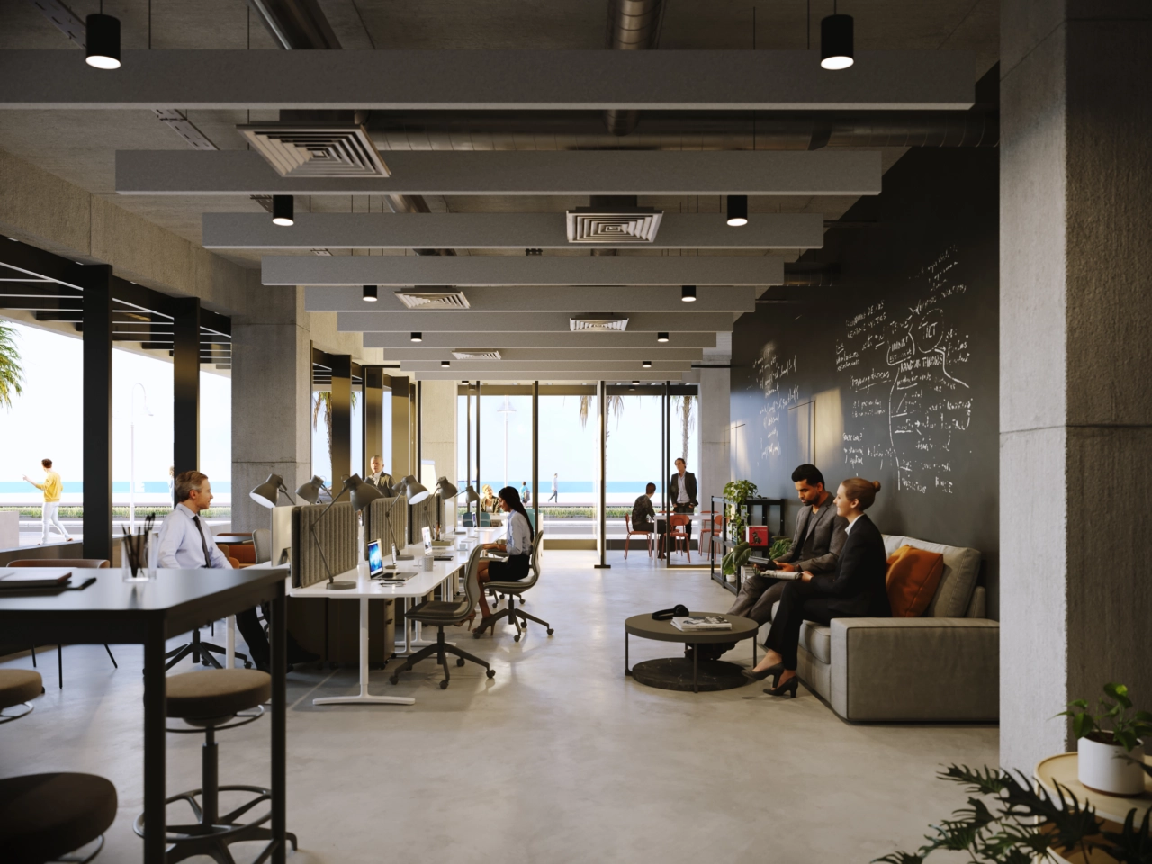 Et moderne co-working space for beboere til at arbejde eller mødes i komfort.