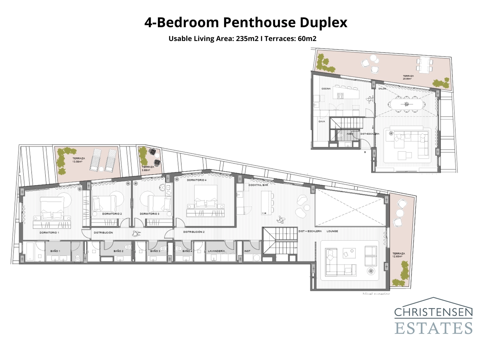 Den store fire-værelses duplex penthouse tilbyder en luksuriøs boligoplevelse over to plan med flere udendørs områder.