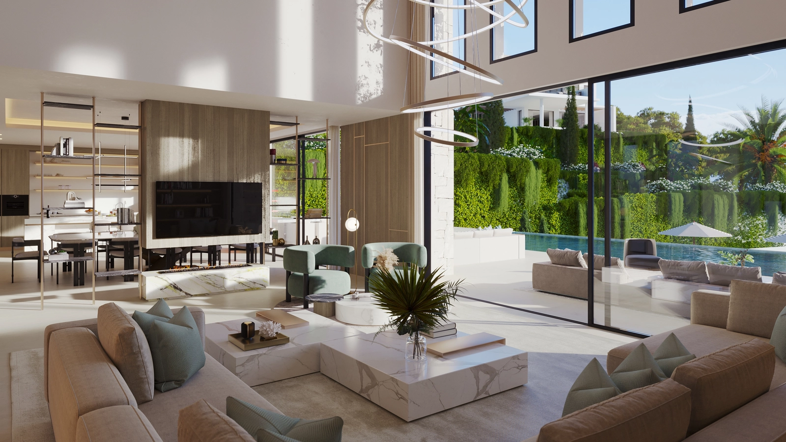 Høje lofter i dobbelt højde og store vinduer fylder interiøret med naturligt lys og forstærker følelsen af rummelighed.