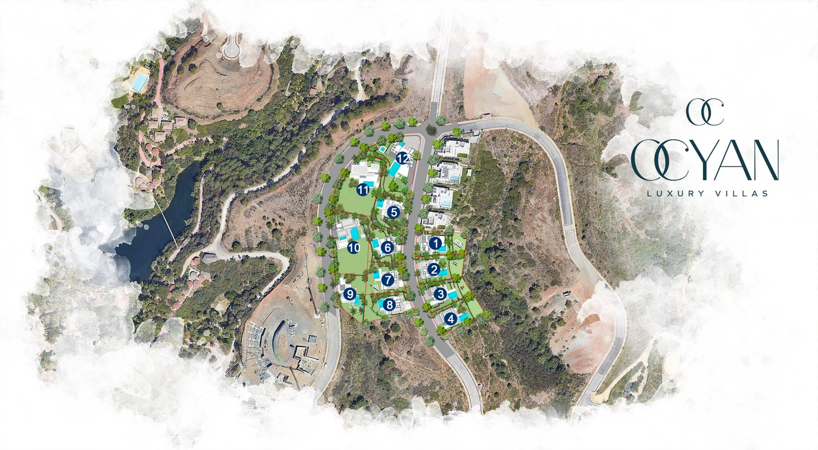 Masterplan over Ocyan Villas-udviklingen, der viser den eksklusive indretning og placering af de 12 individuelle ejendomme.