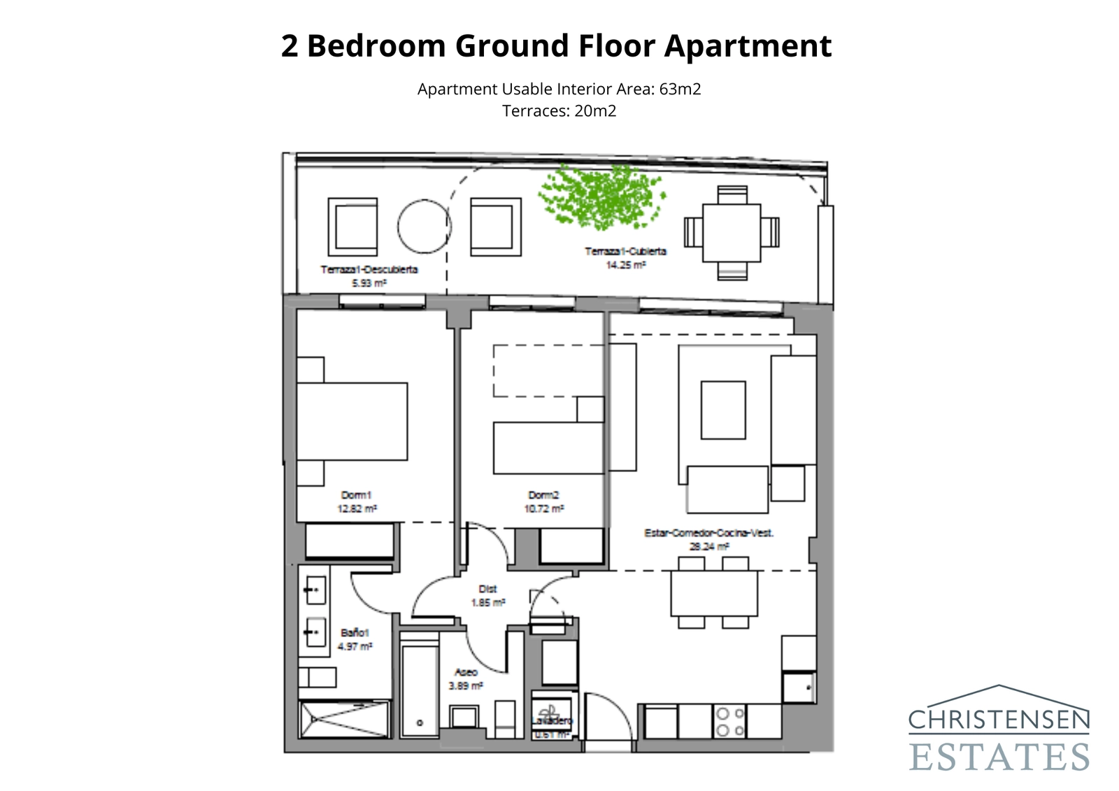 Denne effektive stueetagelejlighed med to soveværelser inkluderer en privat terrasse til afslappet udendørsliv.