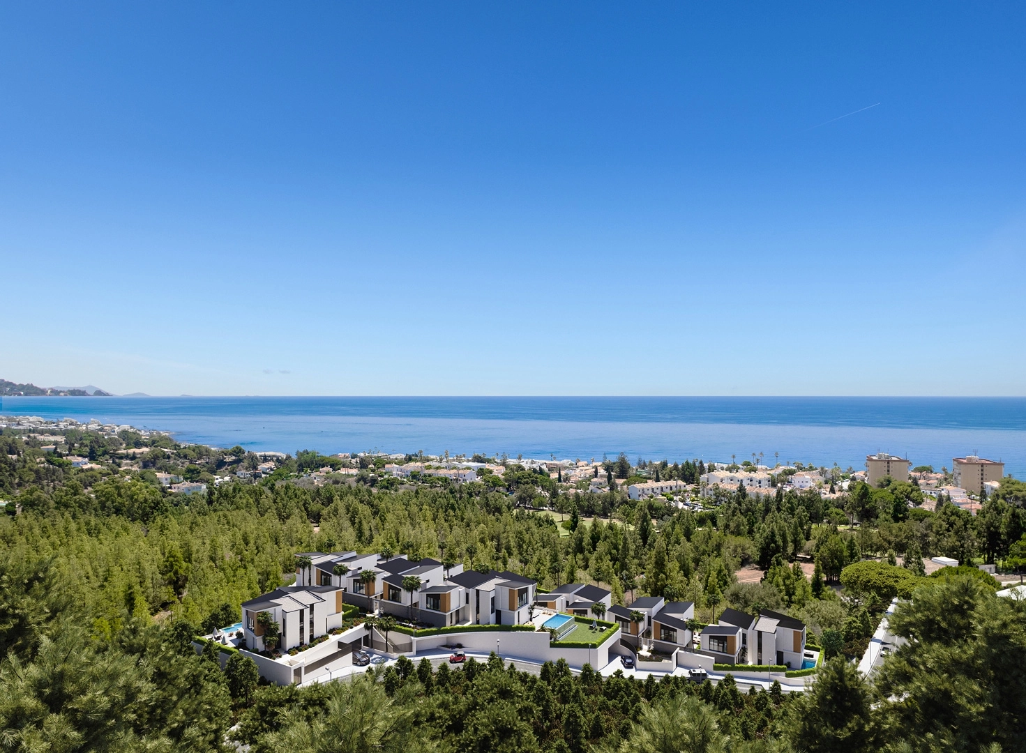 Panoramaudsigt over Middelhavet fra dette eksklusive villaområde på Costa del Sol.