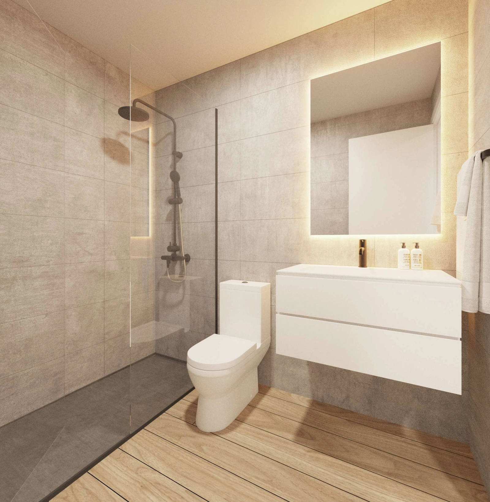 Et moderne badeværelse med materialer af høj kvalitet, walk-in bruser og stilfuldt design.