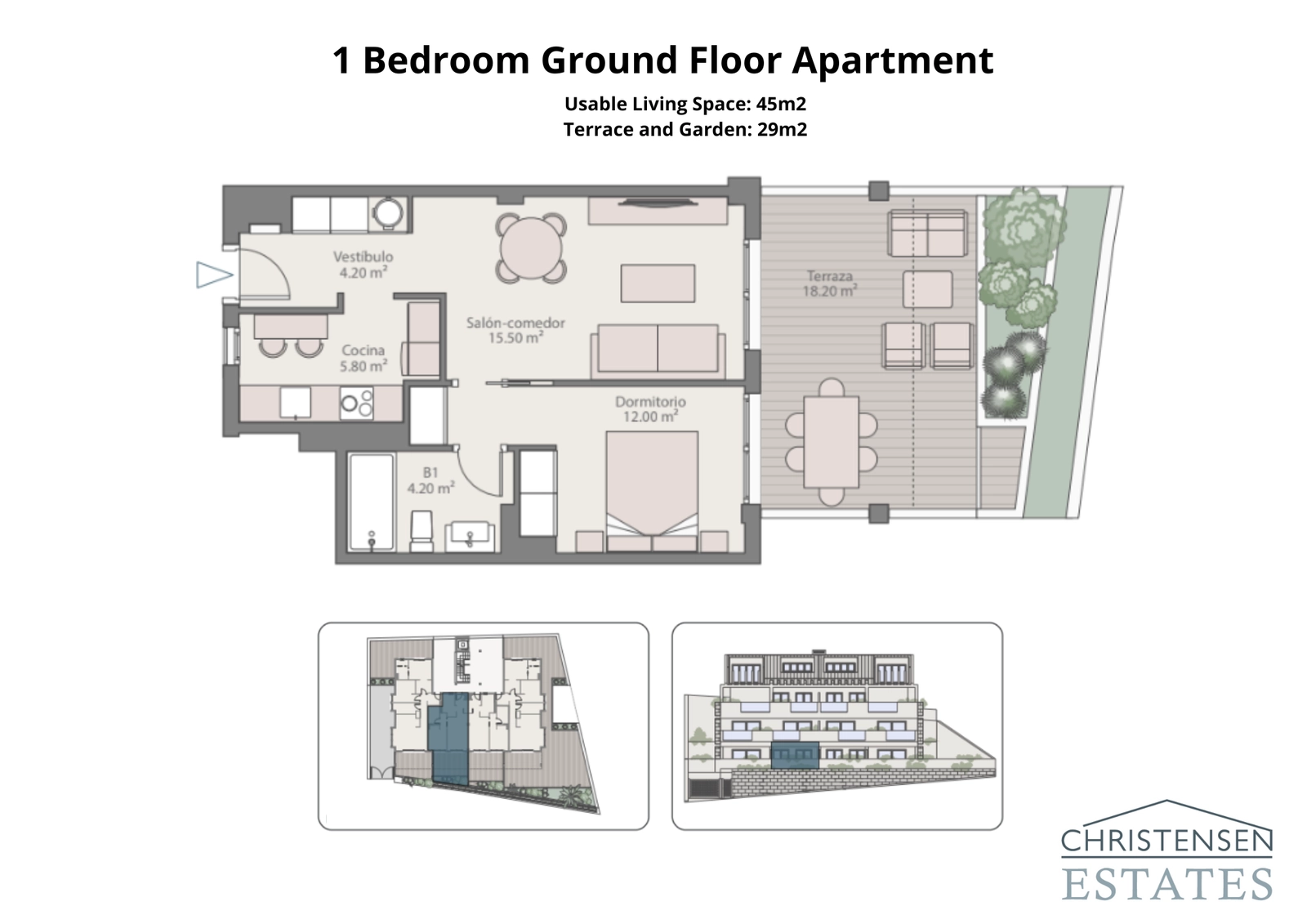 Denne etværelses lejlighed i stueetagen tilbyder et smart design, der forbinder opholdsrummet med en privat terrasse og have.
