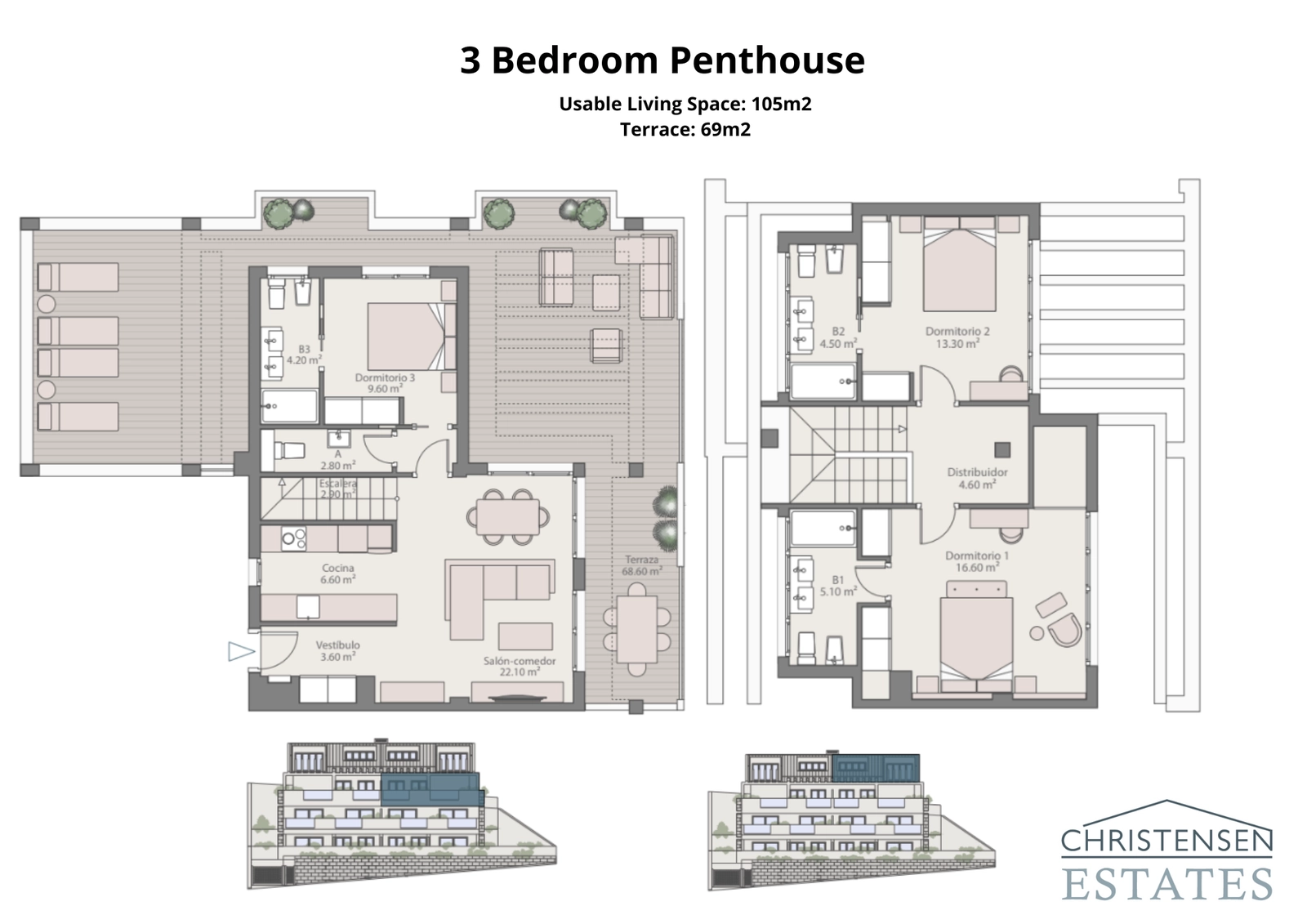 Den enestående treværelses duplex penthouse-indretning med omfattende terrasser til at nyde panoramaudsigten over Costa del Sol.