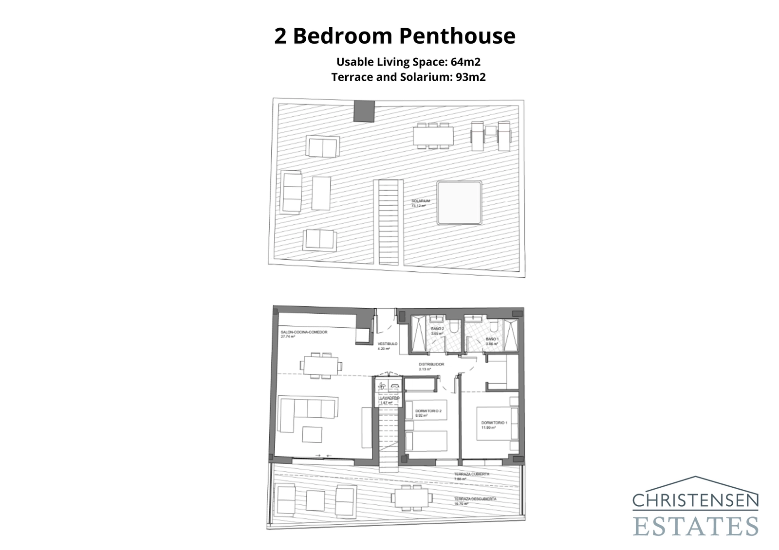 Indretningen af en to-værelses penthouselejlighed, komplet med et privat solterrasse på taget, der tilbyder et eksklusivt rum med panoramaudsigt.
