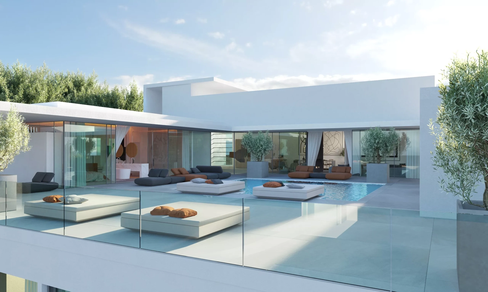 Et hævet udsyn over den rummelige terrasse og private swimmingpool, designet til ultimativ afslapning på Costa del Sol.